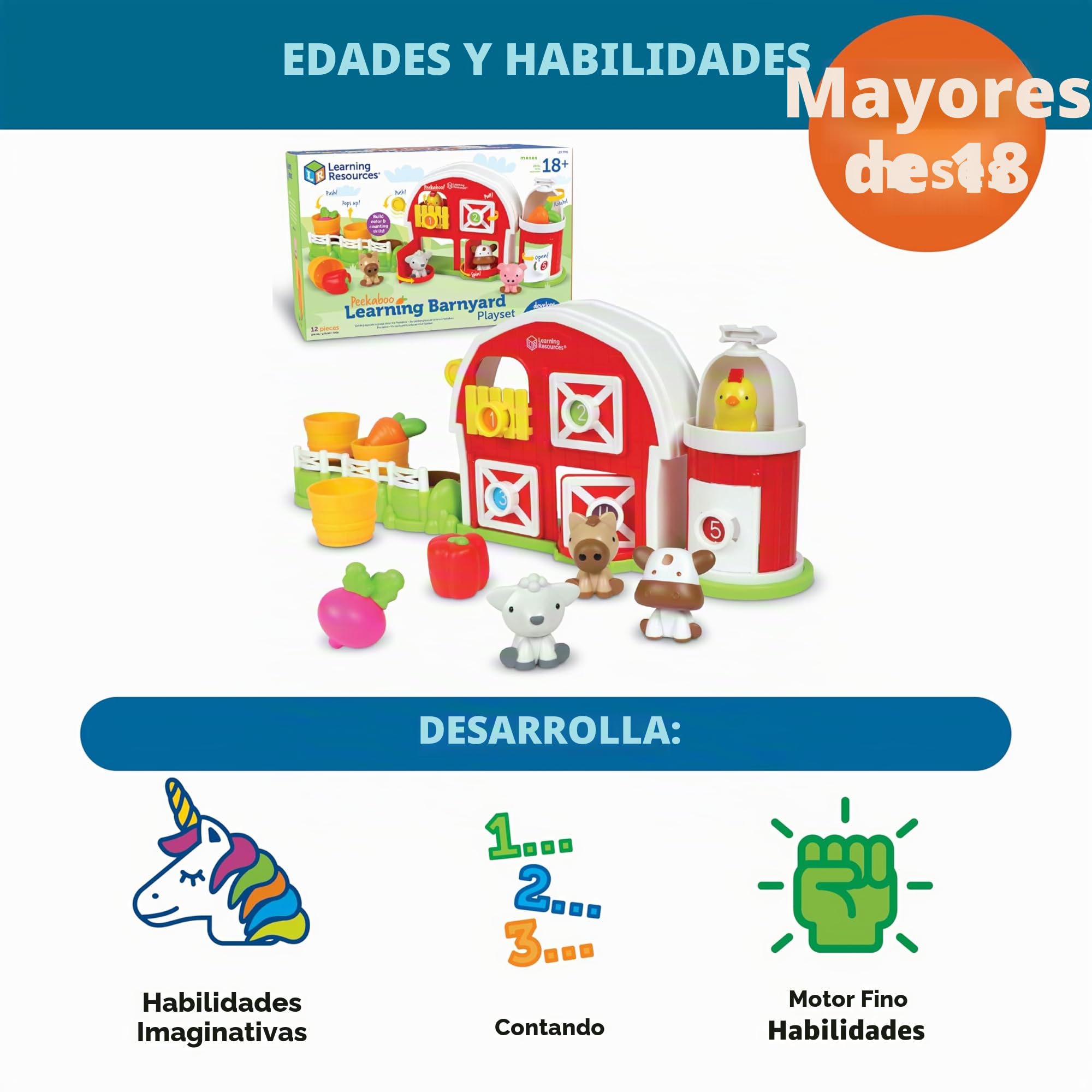 Learning Resources, Juego de Granja de Aprendizaje Peekaboo, Mayores de 18 Meses, Juguetes de Granja para niños pequeños, Juego de imaginación, Juguetes para niño o niña de 2 años