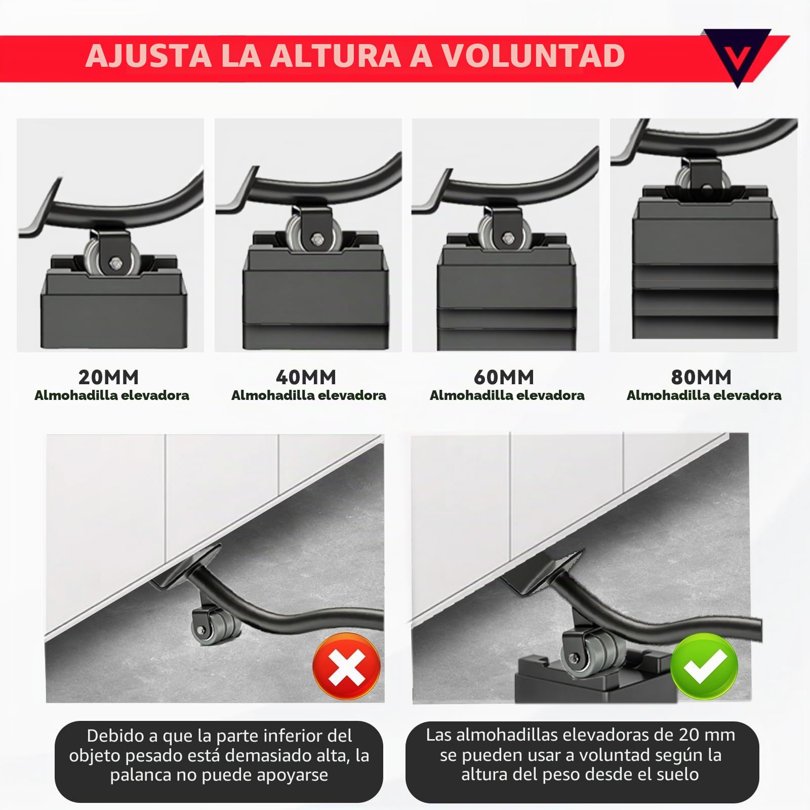 Juego de Elevador de Muebles, Ruedas para Mover Muebles con Barra de Extensión de 630 mm, 4 Ruedas 360 Grados para Muebles, Carga Máxima 500 kg, para Mover Refrigeradores, Sofás, Lavadoras, etc.