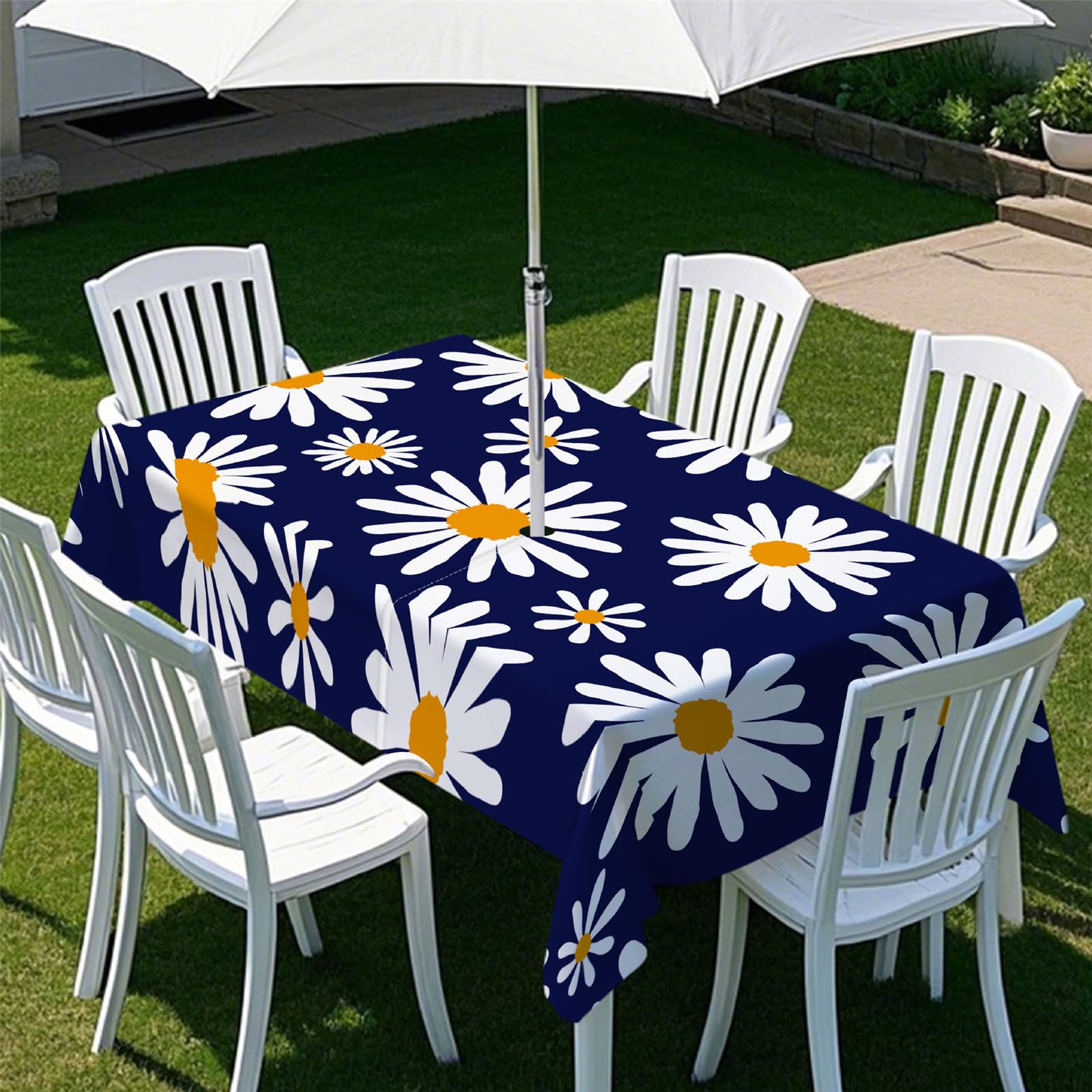 Odot Tablecloths Rectangular Wipe Clean with Umbrella Parasol Hole and Zipper, Table Cover Waterproof Garden Outdoor Table Cloth for Garden, BBQ, Party, 3D Orange Lemon (Daisy,305x152cm)