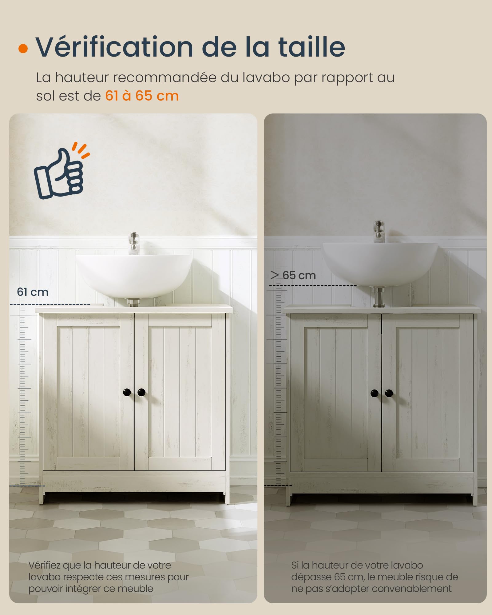 SONGMICS Home Meuble sous Lavabo, Assemblage Ultra-Rapide sans Outils Toolless, Meuble de Rangement avec Étagère Réglable, pour Lavabos avec ou sans Colonne, Blanc Rustique BBC223WJ01