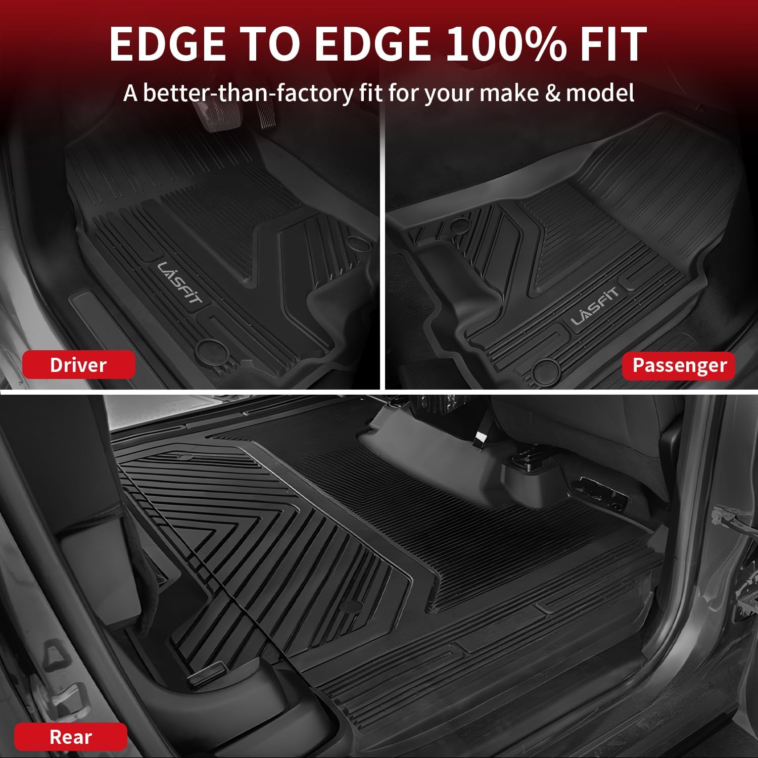 LASFIT Floor Mats for Ram 1500 Crew Cab 2019-2024 Without Rear Under-Seat Factory Storage 4 Full Size Doors Bucket Seat (NOT for Classic Model), All Weather TPE Custom Fit 1st & 2nd Row, Black - Image 6