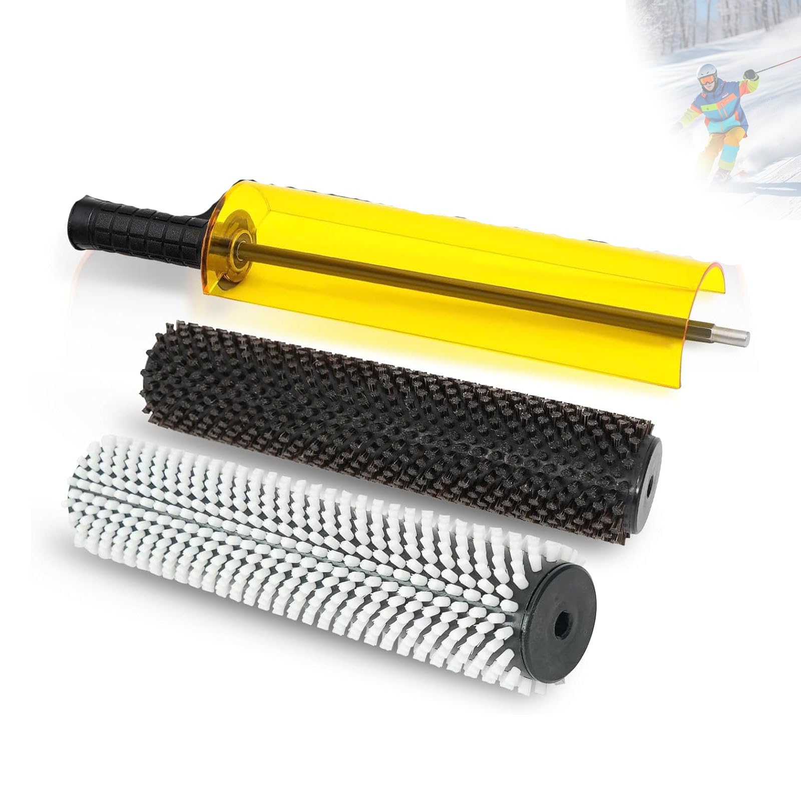 Kit spazzola rotante per sci, asse manico spazzola rotante, kit spazzola per sciolinatura snowboard con 3 spazzole in nylon, ottone e crine di cavallo per sciolinatura, kit spazzola rotante per sci