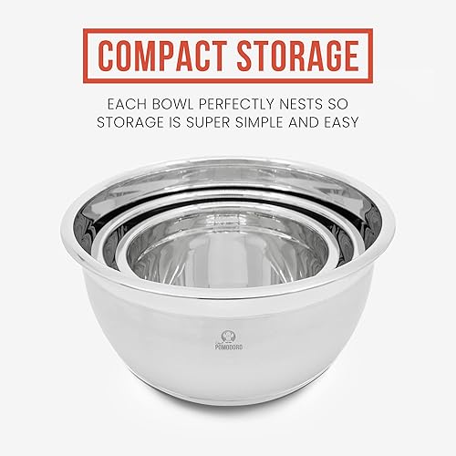 Miniatura 5 de Chef Pomodoro Juego de cuencos para mezclar de acero inoxidable, cuencos de metal con tapas, base de silicona antideslizante, cuencos anidables, 3