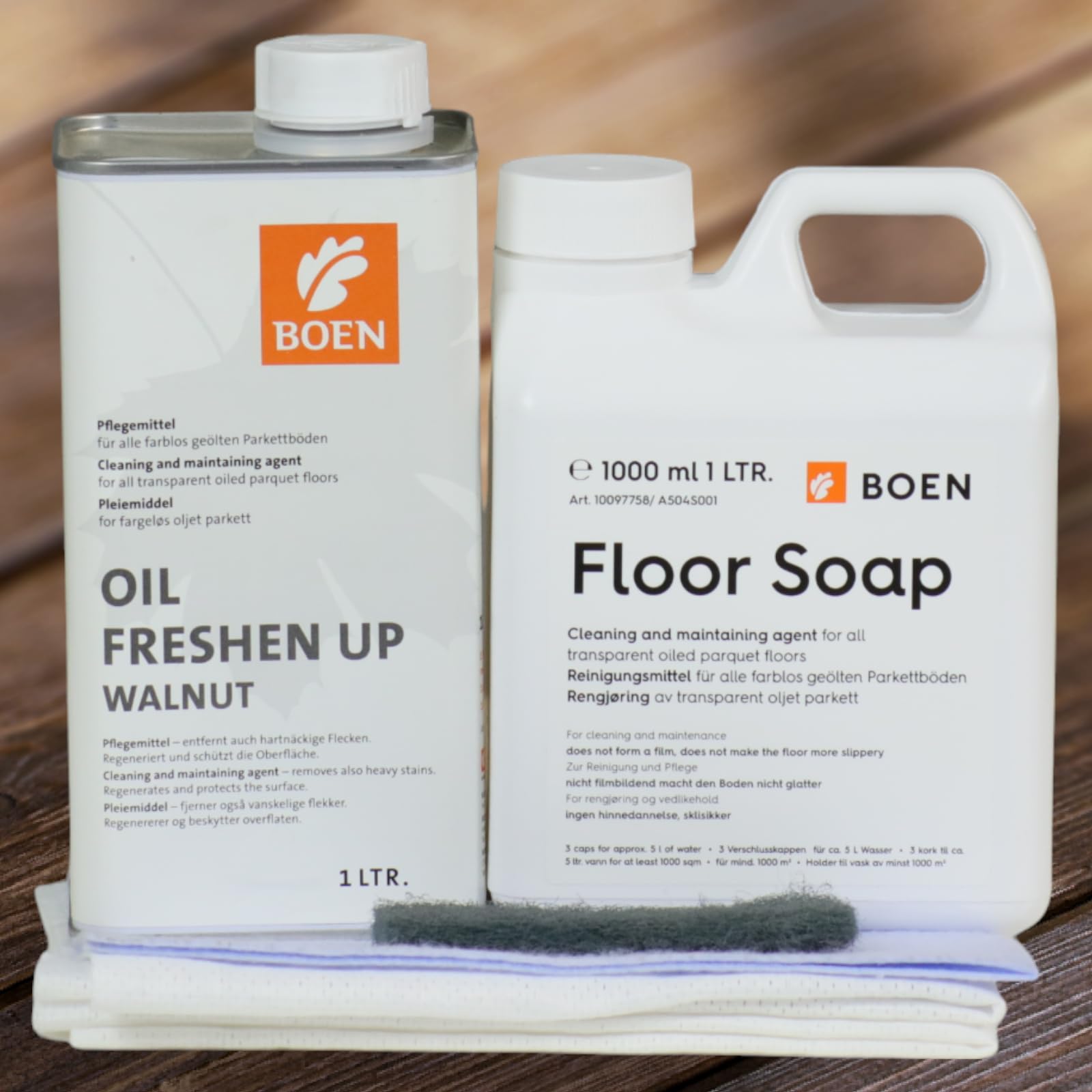 HPS | Kit de mantenimiento - para el cuidado Boen para oscuro engrasada de parquet - 1 LT. Boen Floor soap - 1 LT. Aceite refrescar Up vs, oscuro Boen cuidado de toallitas húmedas