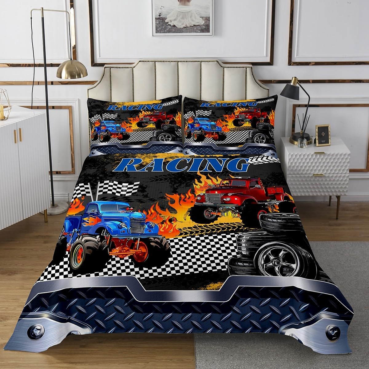 Erosebridal Cartoon Truck Coverlet Set King Size Cool Racing Car Bedding Set for Kids Girls Boys Black and White Checkered Quilted Coverlet Grey Race Tire Tracks Oil Painting Extreme Sports Quilted