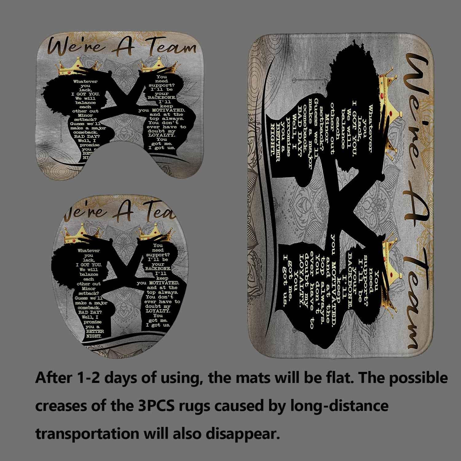 OLEBETY 4PCS African American Woman Man Shower Curtain Set, Romantic Afro Black Queen King Luxury Gold Crown Grey Mandala Flower Inspirational Quotes Bathroom Decor, Non-Slip Bath Rugs, We're a Team