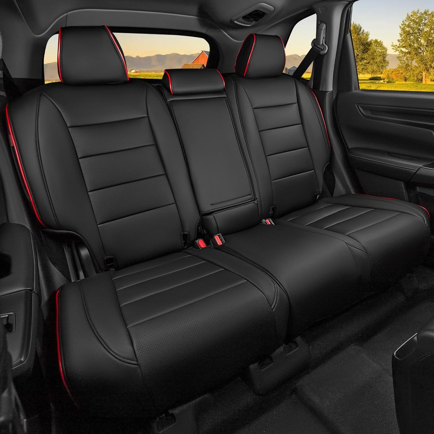 hkz fit crv car seat covers full set for honda cr-v 2023 2024 2025 2026 crv lx;ex;ex-l;sport;touring;special edition & hybrid model - leather (black with red trim) 2023-2026 crv black with red trim