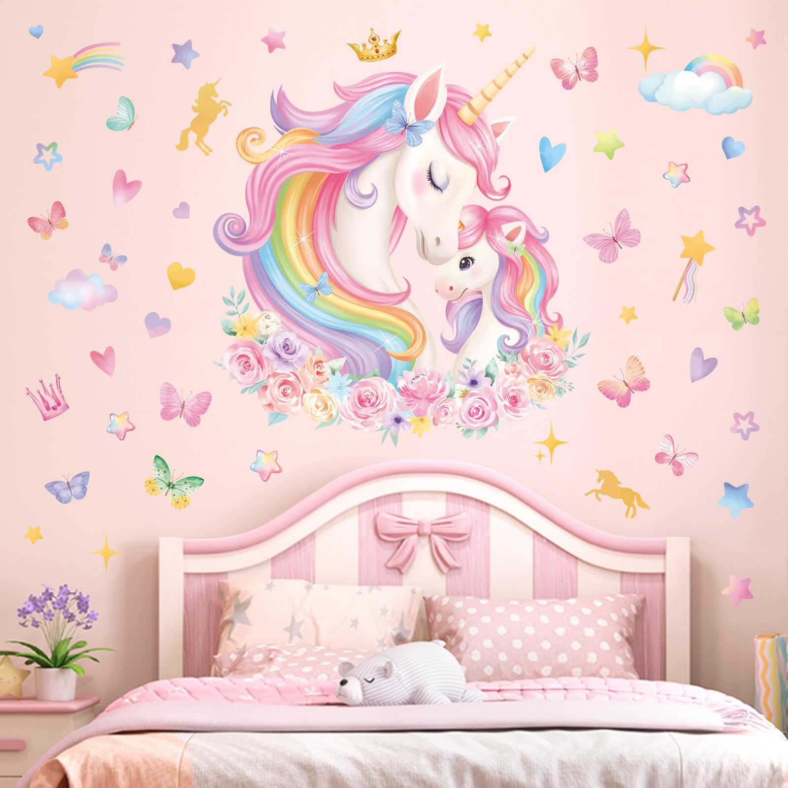 wondever Large Unicorn Wall Stickers Rainbow Baby Unicorn Butterfly Stars Peel and Stick Wall Art Decals for Baby Girls Nursery Kids Bedroom - Image 2