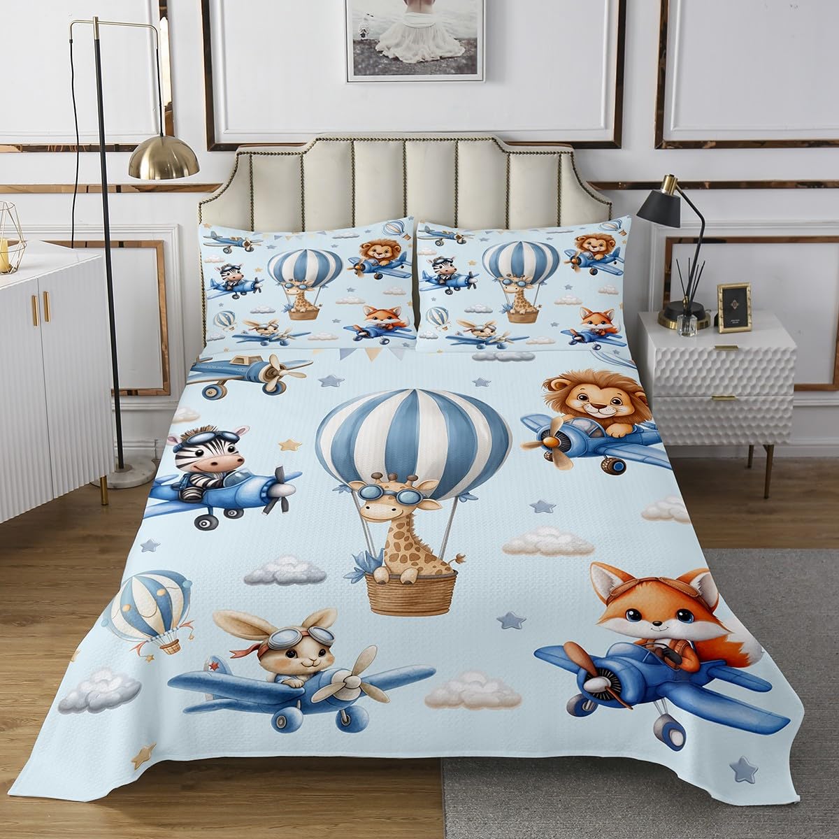 Manfei Cute Animals Kids Bedspread Twin Size,Kawaii Lion Fox Giraffe Zebra Rabbit Coverlet Set,Boys Girls Room Decor,Stars Airplane Hot Air Balloon Quilted Coverlet,Blue Bedding Quilt,1 Pillowcase