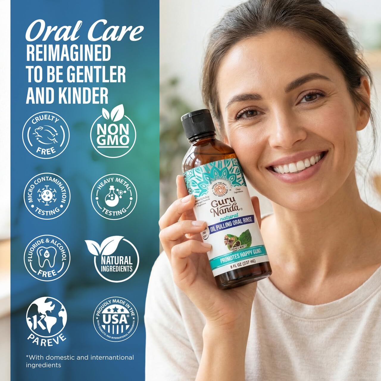 GuruNanda CocoMint Oil Pulling Mouthwash for Complete Oral Hygiene, 7 Essential Oils & Vitamins for Happy Teeth & Gums & Fresh Breath , Alcohol-Free, 8 oz: 8 Fl Oz (Pack of 1) 1 Pack