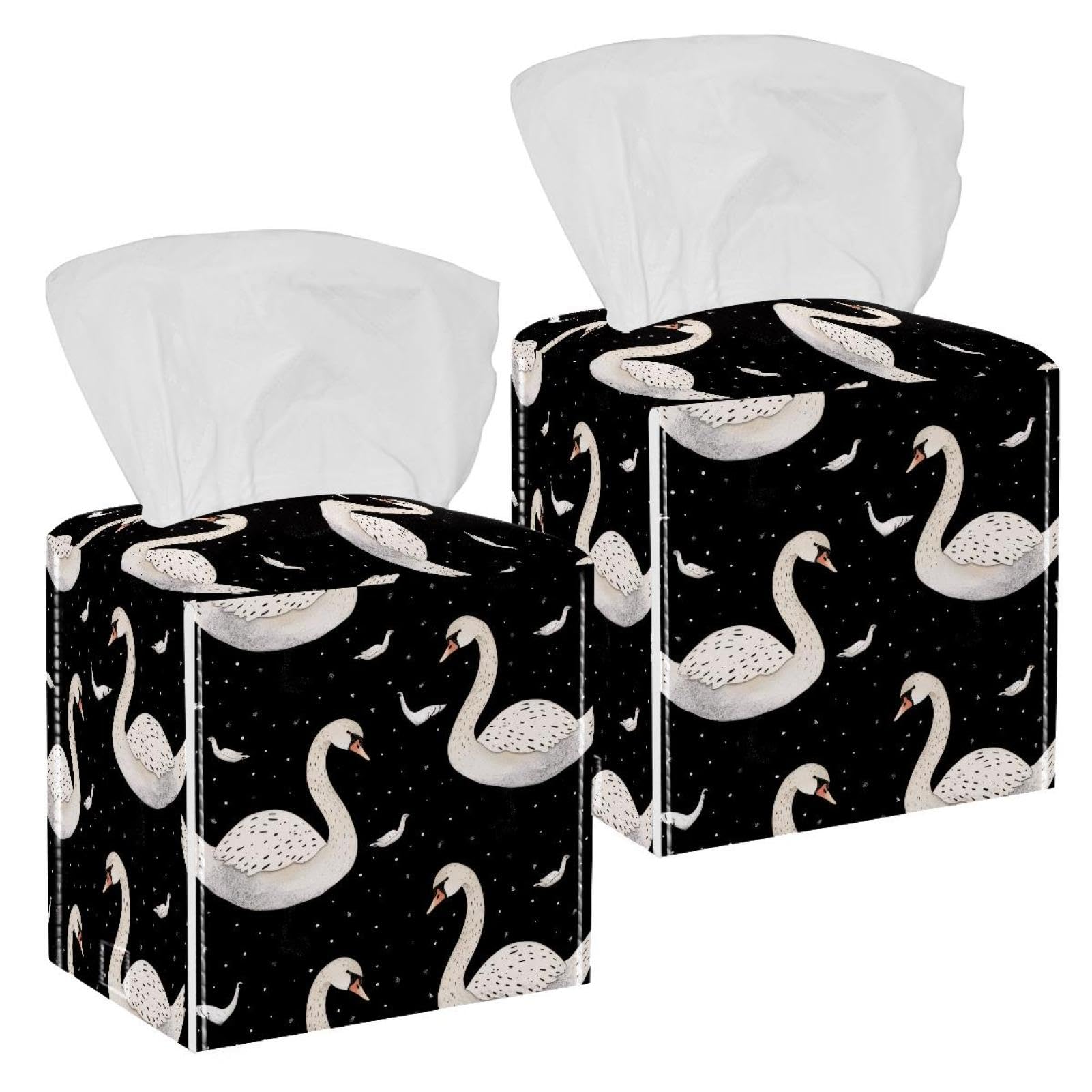 Swans Tissue Box Cover, 2 Pack PU Leather Square Facial Tissue Dispenser Box holder for Home Office Car