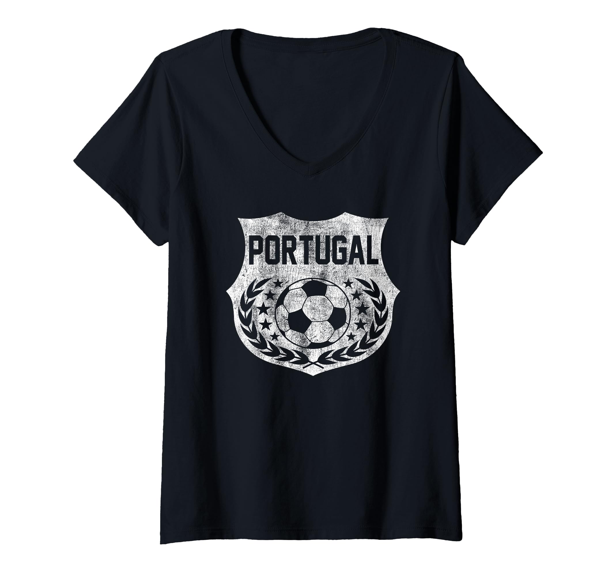 Womens Portugal Faded Vintage Soccer Ball Seal V-Neck T-Shirt, Black