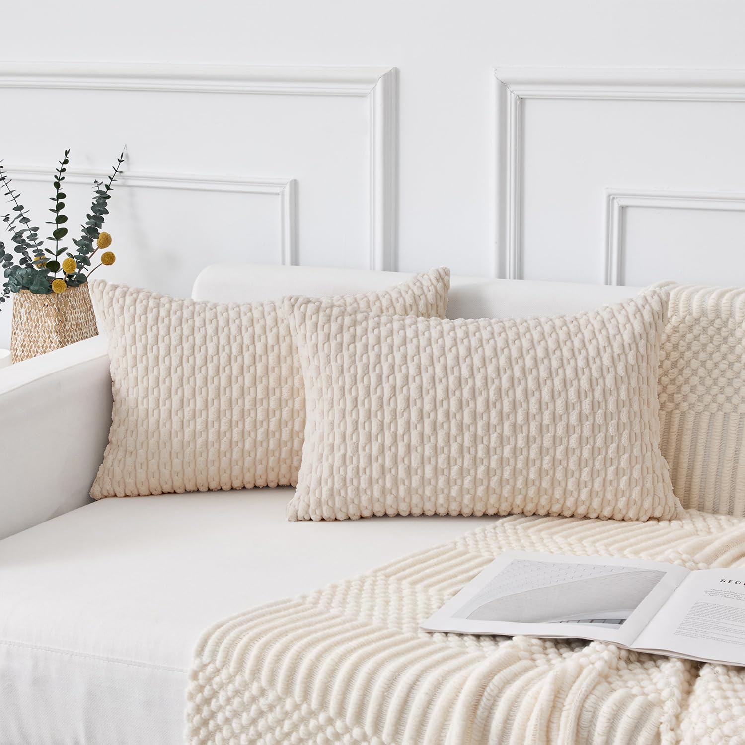 Kevin Textile Boho Cushion Covers 30 x 50 cm Set of 2 Soft Striped Corduroy Decorative Rectangular Lumbar 12x20 Inch Pillowcases with Invisible Zipper for Chair Couch Sofa Bedroom, Cream White