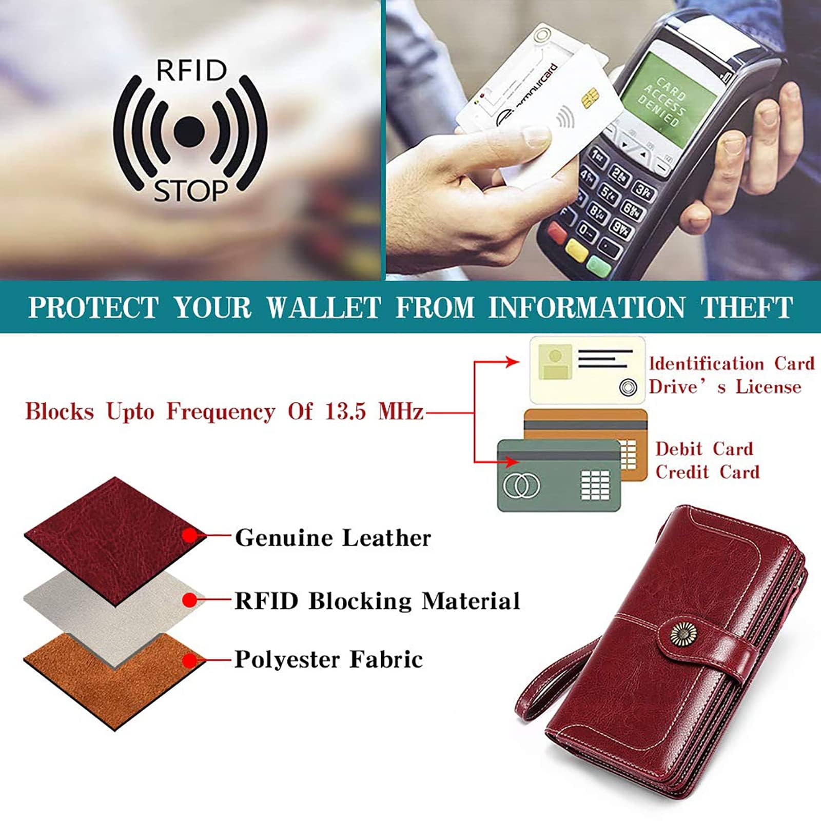 SENDEFN Portefeuille Femmes Portefeuille en Cuir Grande Femme Embrayage Protection RFID bloquant Grande capacité Long Portefeuille avec 24 emplacements pour Cartes et Bracelet Portefeuille