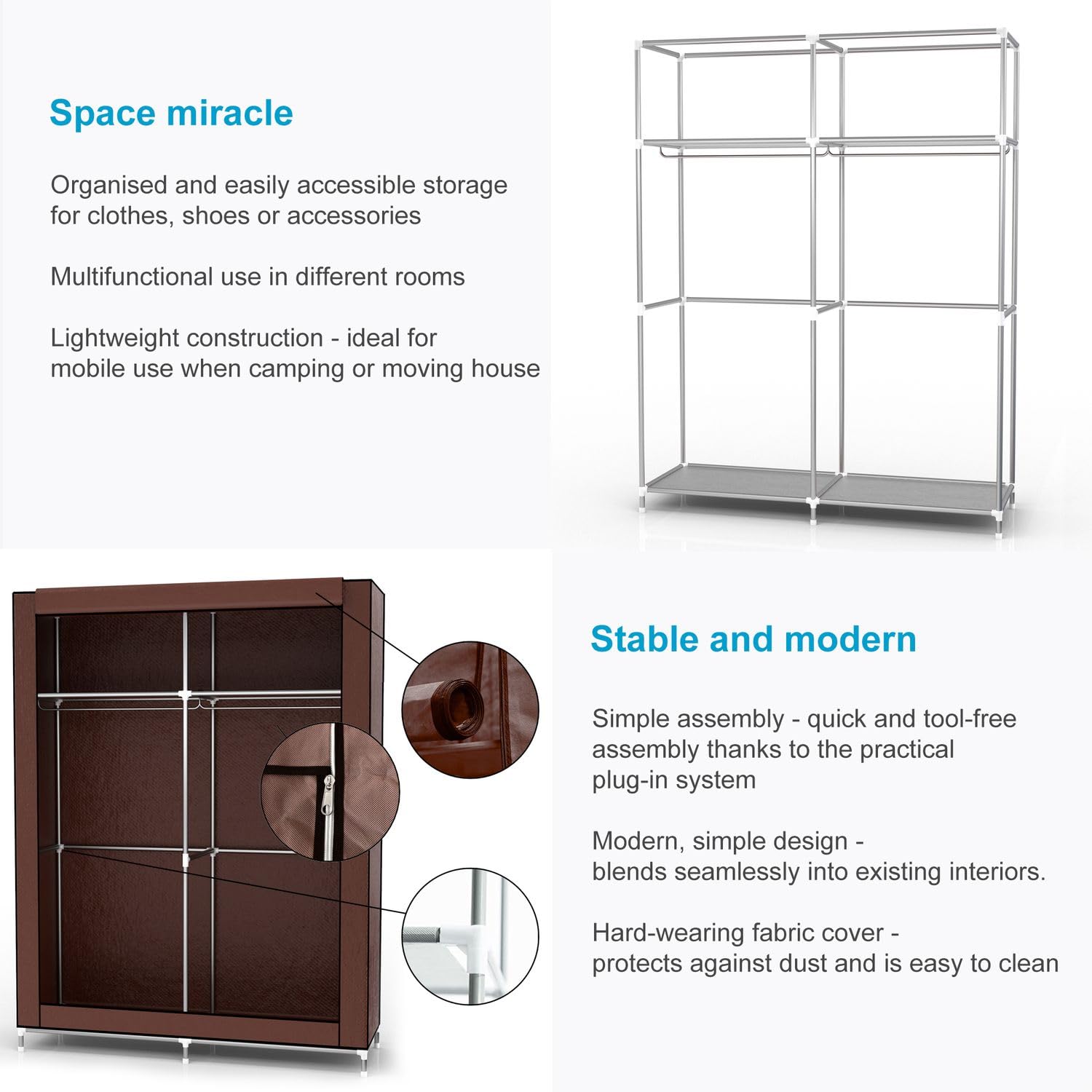 INTIRILIFE Faltschrank 108x45x170 cm in BRAUN - Stoffkleiderschrank mit Reißverschluss und Kleiderstange, Seitentasche und Fächern - Steckregal, Metallrahmen, Aufbewahrung