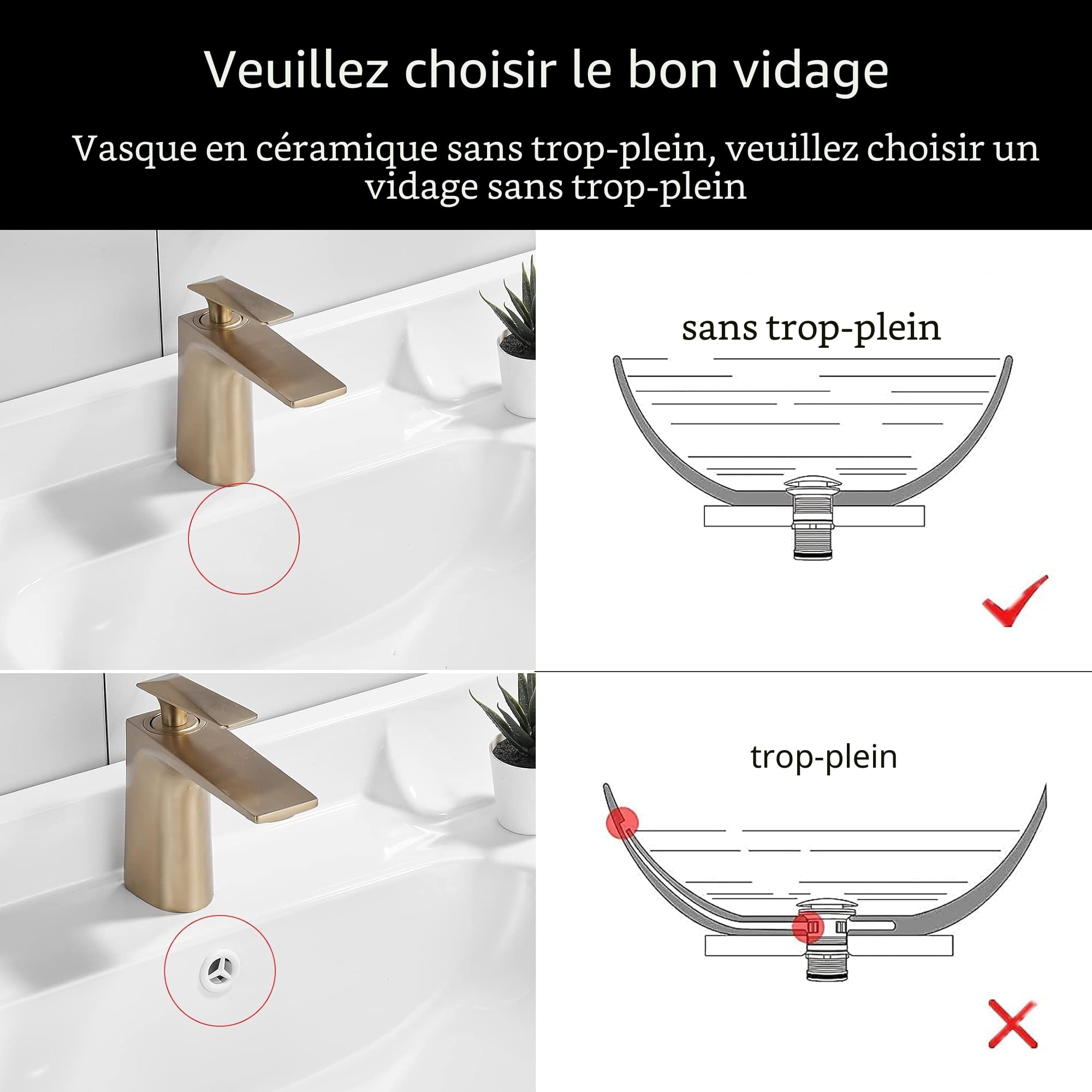 Or Bonde de Lavabo Pop Up sans Trop Plein,Bouchon de Vidange avec Panier à Crépine,Bonde de vidage pour lavabo de Salle de Bain Laiton