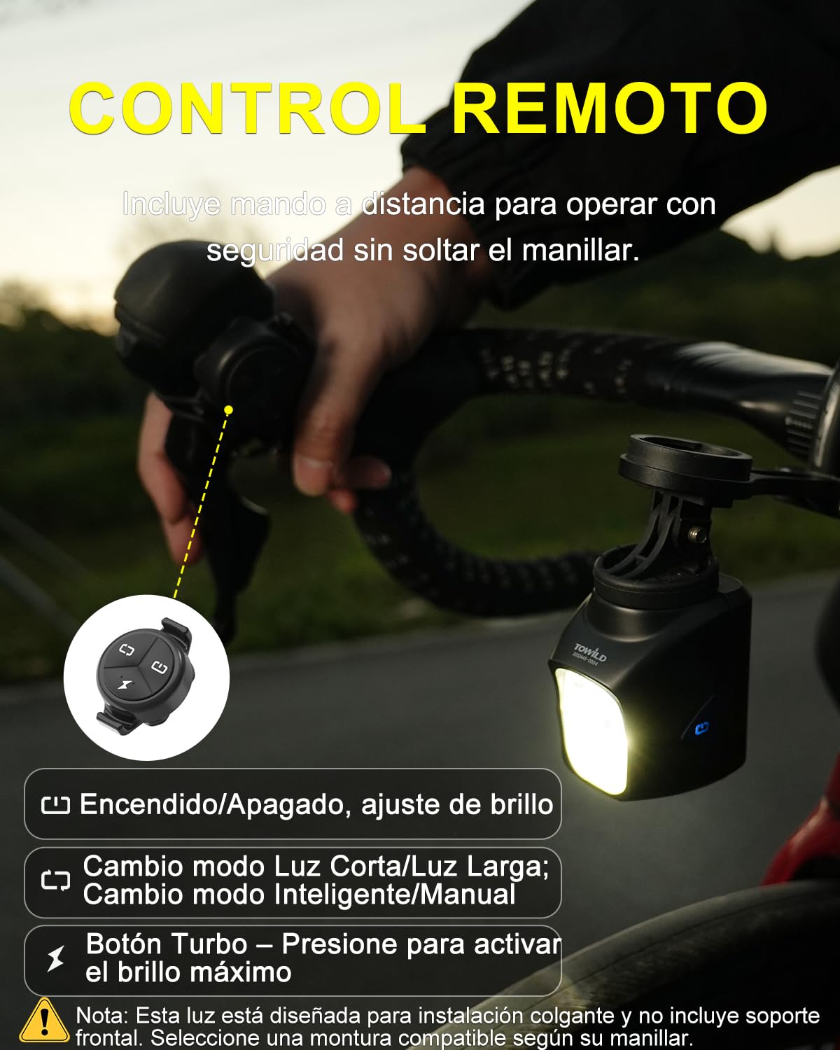 TOWILD DL1700 Luz Delantera para Bicicleta con Mando a Distancia, 1700 Lumen Luces para Bicicleta con Doble Fuente de Luz Alta y Baja, 4000mAh Faro Recargable para Bicicleta Tamaño Compacto