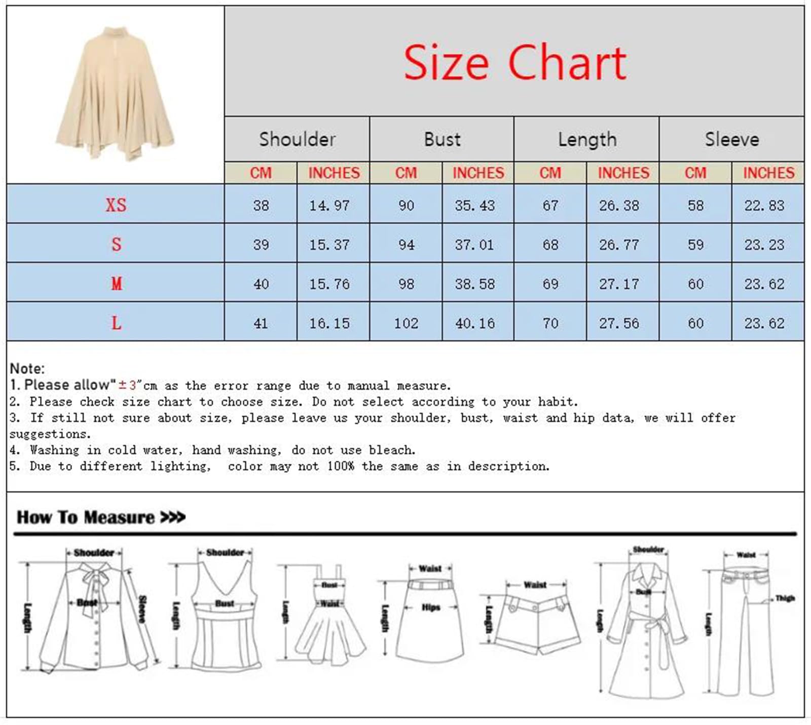 Genérico Camisa asimétrica para Mujer, Plisada, con Cuello Alto, Holgada, de Manga Larga, Estilo murciélago, Elegante, Informal, Color Beige Mediano.