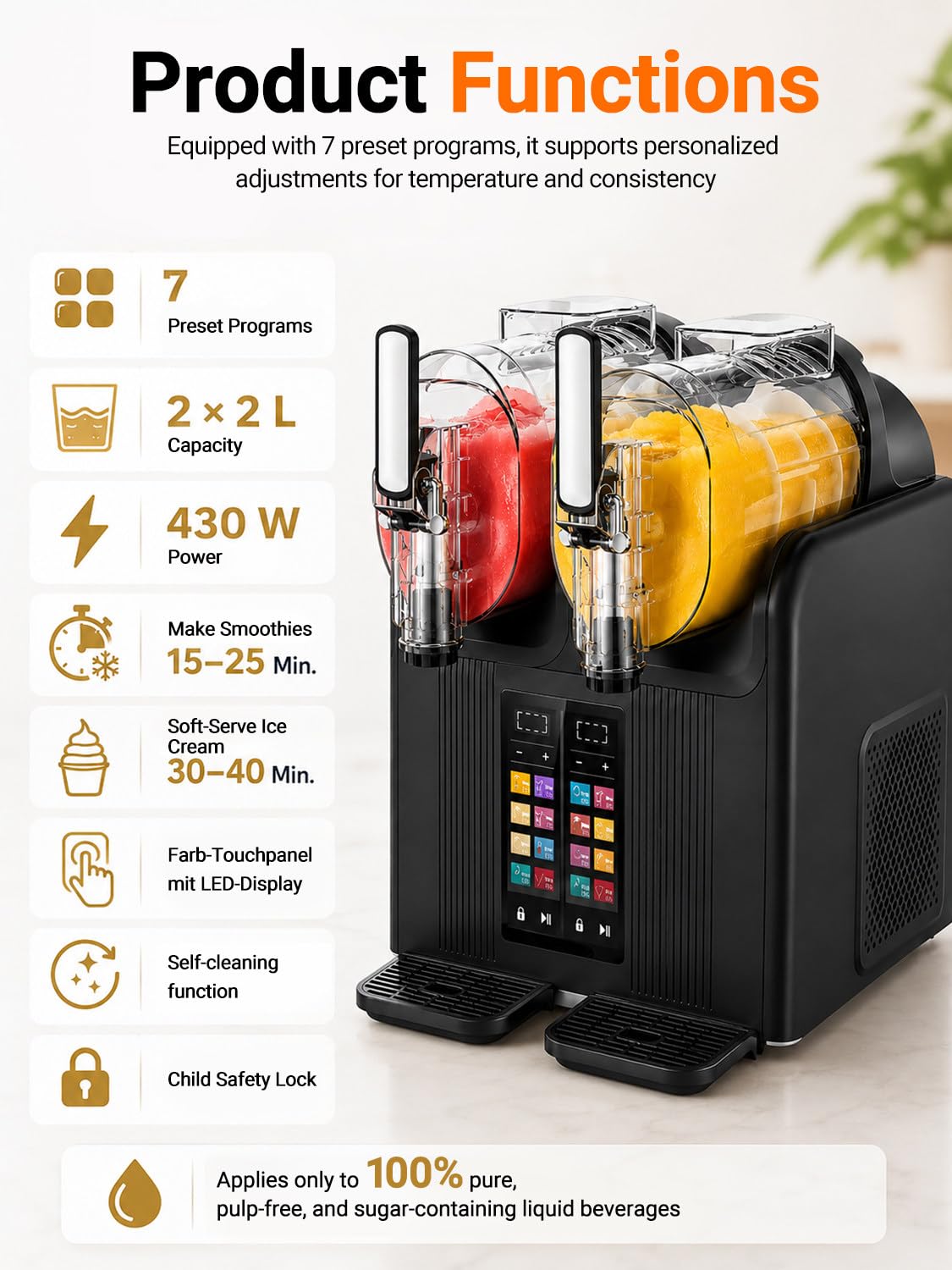 Doble Cámara Margaritas y Dispensador de Helado Soft, 2L Cada Una Black | Prepara Granizado en 15-25 Min y Helado Soft en 30-40 Min; 430 W, 7 Modos, Bloqueo Infantil y Depósitos PC Alimentarios HD