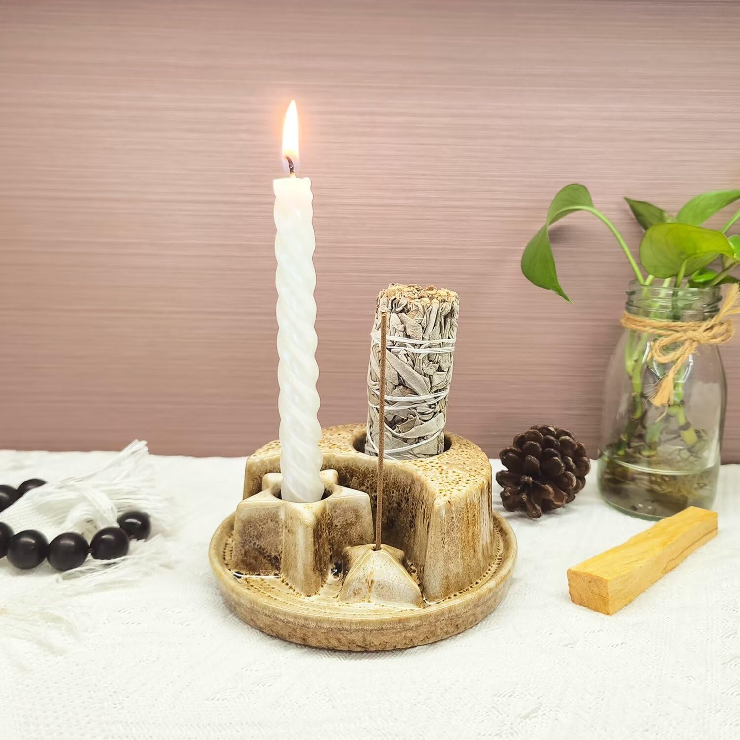 Palo Santo - Soporte para palitos de cerámica para quemar, 4 en 1 para incienso y velas, bandeja colectora de cenizas para meditación, sala de yoga, moteado blanco
