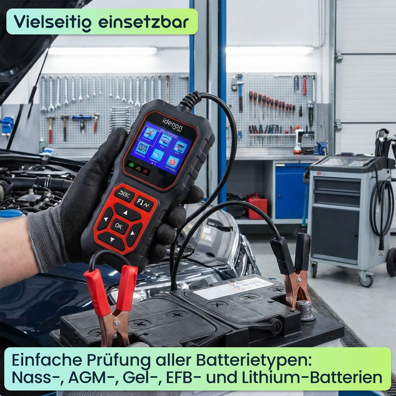 ideoon Digitaler 5-36V Batterietester mit 2.4 Zoll LCD Farbdisplay, Autobatterie Prüfgerät für Nass AGM Gel EFB Lithium, 12V 24V Starttest