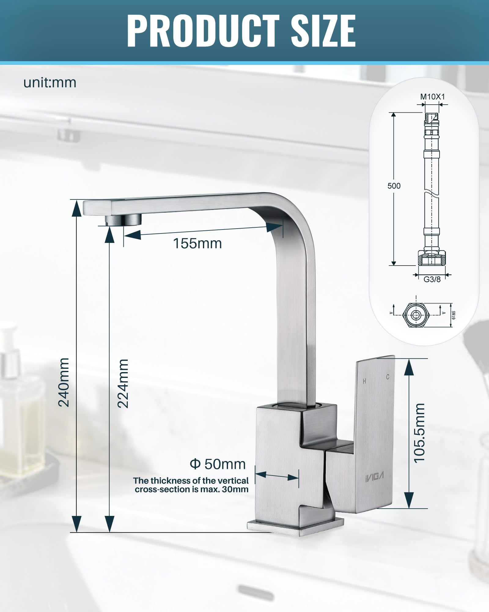 iVIGA rubinetto cucina, miscelatore lavabo girevole 360° Miscelatore cucina in acciaio inox con 2 tubi, miscelatore, lavabo con cartuccia in ceramica adatto per bagno, cucina, casa mobile