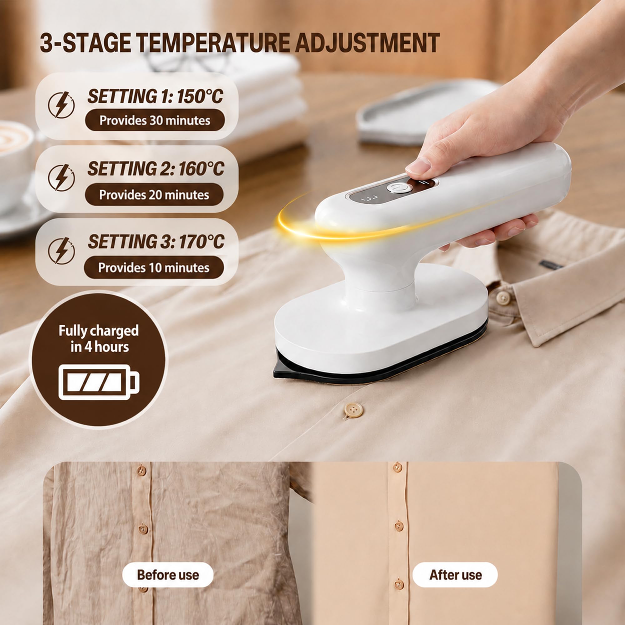 auvstar Plancha de Ropa Sin Cables para Viaje con Batería 4000mAh,Mini Plancha Portátil con 3 Niveles de Temperatura,Recargable USB-C,Ultra Ligera para Negocios,Camping y Hogar