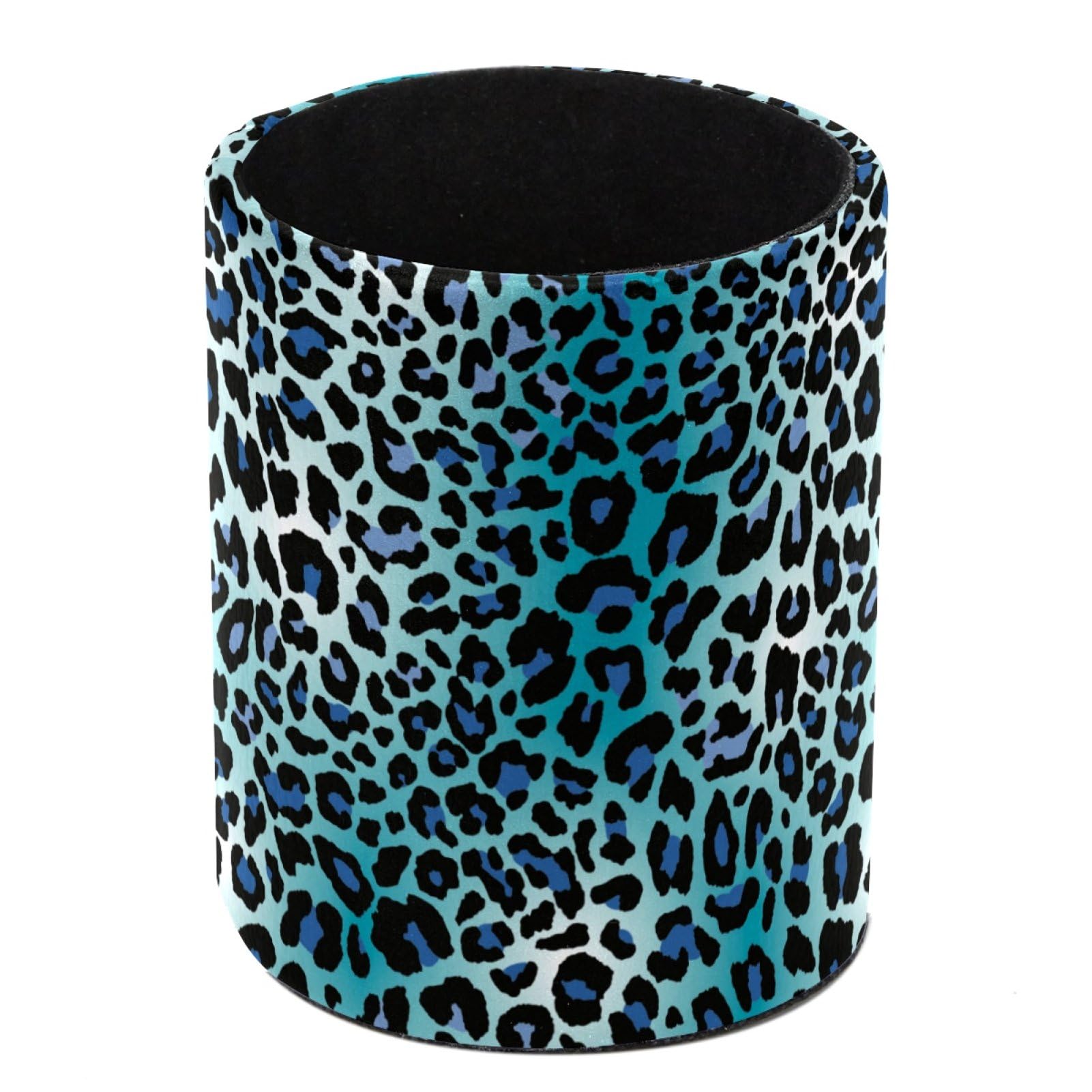 Luoweisi Blue Bright Leopard Print Pen Holder for Desk, Leather Pen Pot, Desk Pencil Holder Round Makeup Organiser Home Office School Suppliers