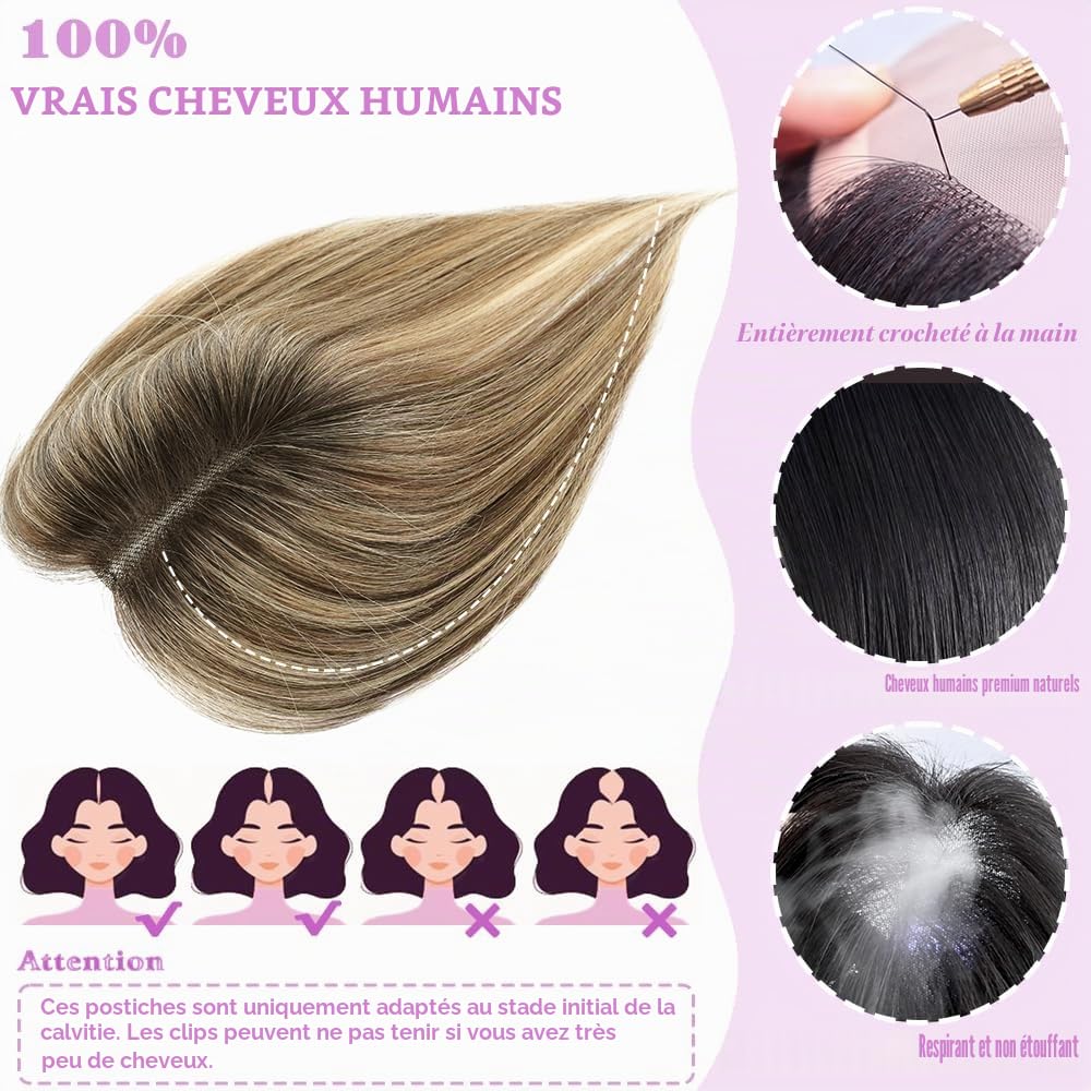 Extensions de cheveux avec cheveux clairsemés 100% cheveux humains véritables pour femmes 25,4 cm Châtain moyen mélangé à blond avec racines brun foncé 120% de densité pour cheveux
