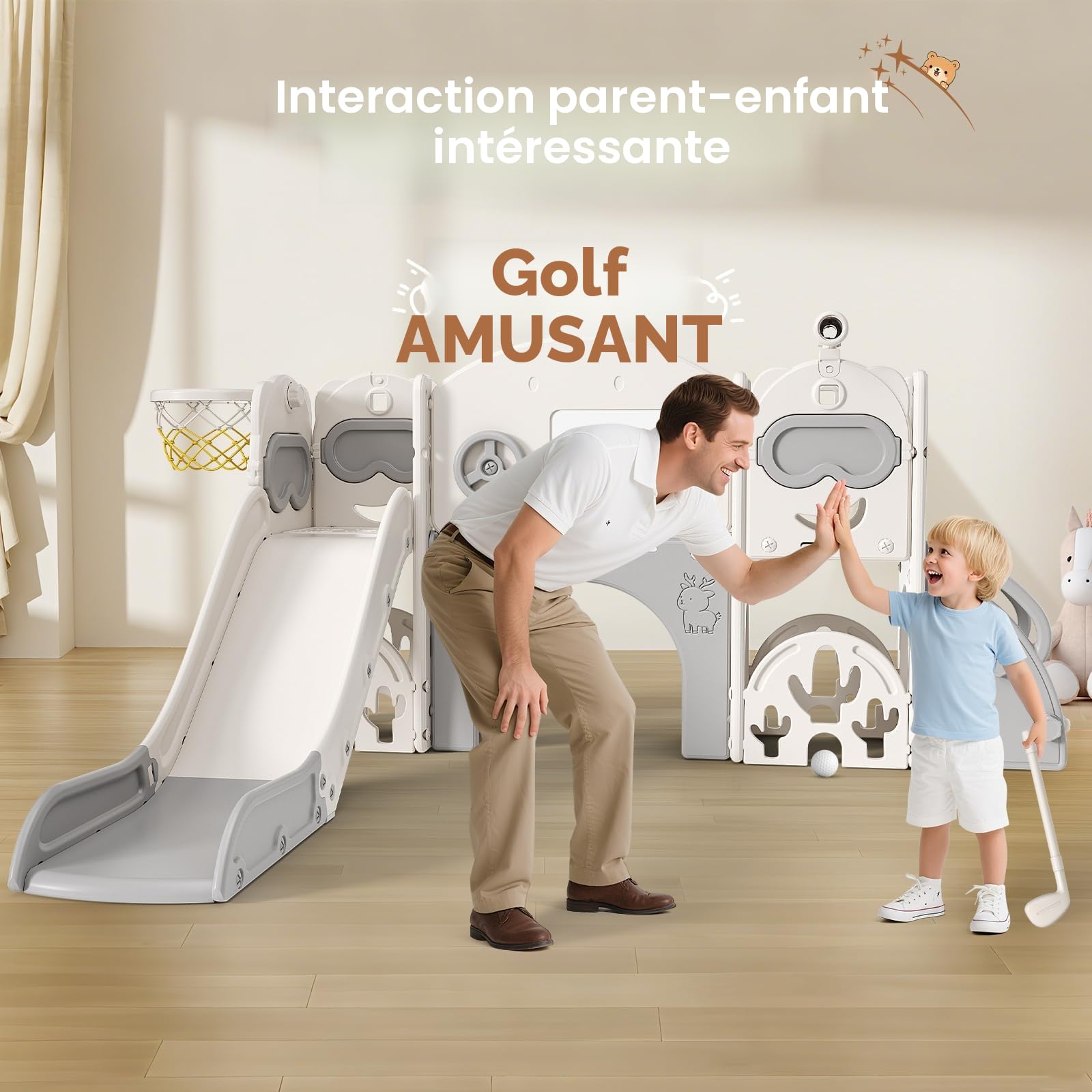 Toboggan 11 en 1 pour tout-petits, toboggan d'intérieur et d'extérieur avec panier de basket, golf, jumelles et espace de rangement, échafaudage sport autoportant pour enfants de 1 à 6 ans (toboggy