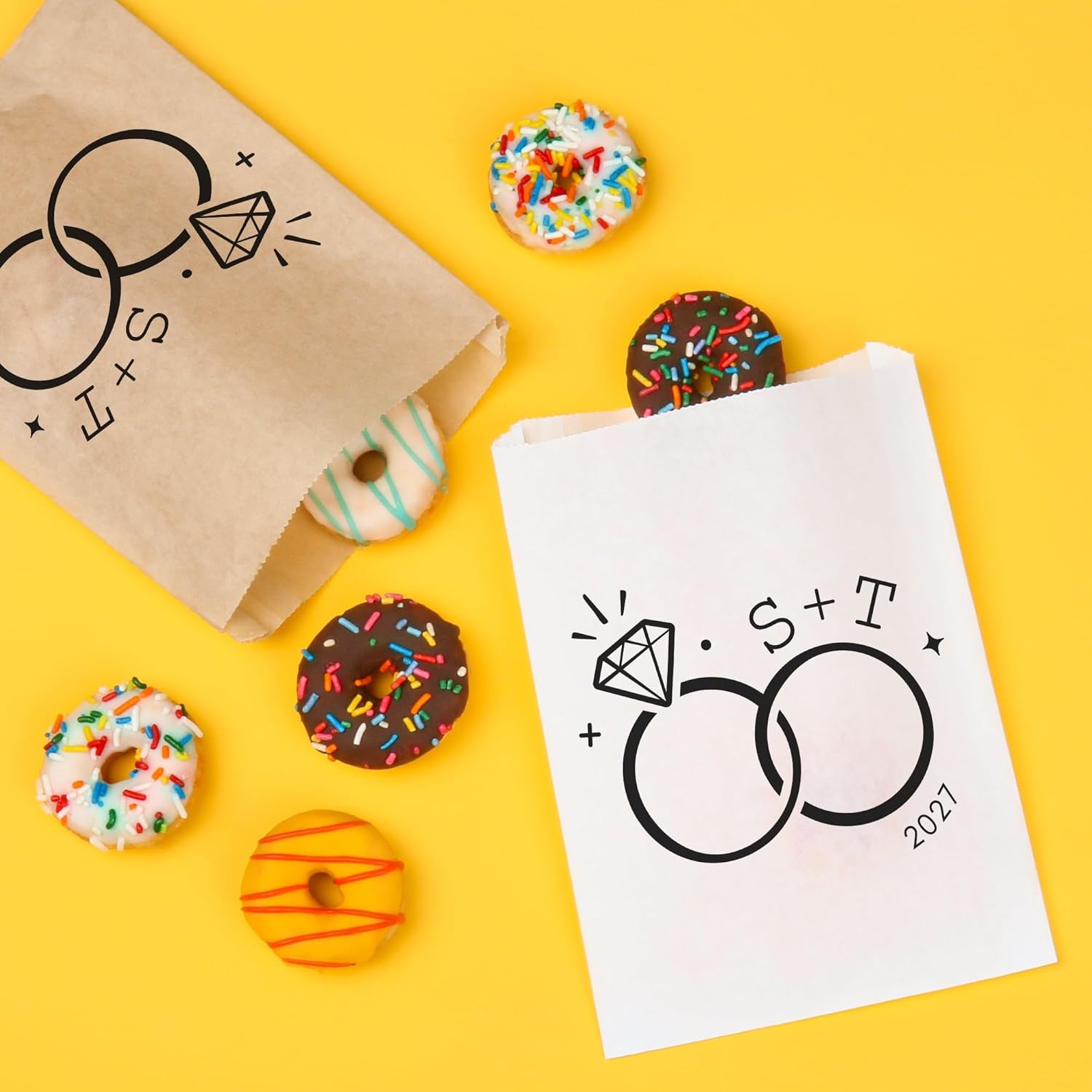 Big Dot of Happiness Personalized Wedding Rings Paper Treat Bags, Custom Monogram Initials Engagement Party Candy Snack Favors, Greaseproof Kraft Brown Sandwich Cookie Bags - 25 Count
