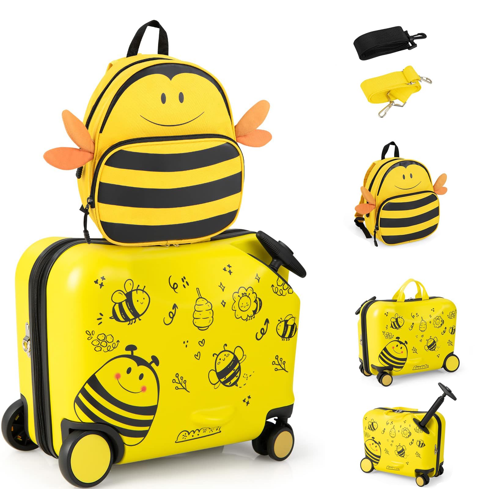 RELAX4LIFE Set Valigia Cavalcabile/Trolley per Bambini 18‘’ con Zaino 12‘’, 4 Ruote Girevoli, Maniglia Retrattile 56cm, 2 Cingie Multiuso, Zaino: 26x30cm/Trolley:47x26,5x36,5cm (Giallo)