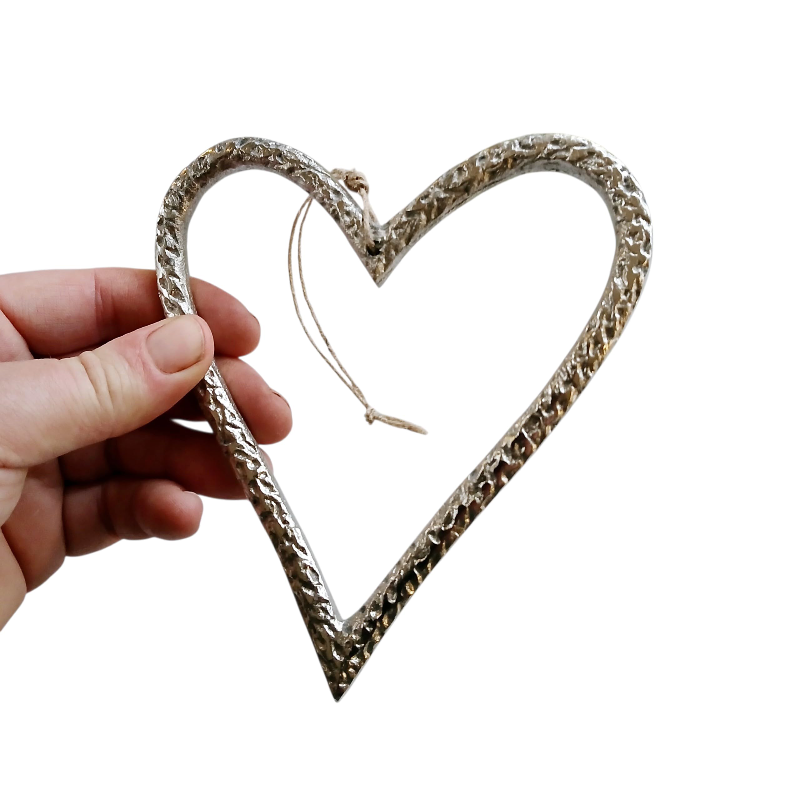 Patterned Metal Silver Open Hanging Heart Decoration - Heart Decoration - Hanging Ornament - Heart Ornament - Wall Decor - Christmas Decoration - Gift - Wedding - Rustic - Shabby (Large 15cm)