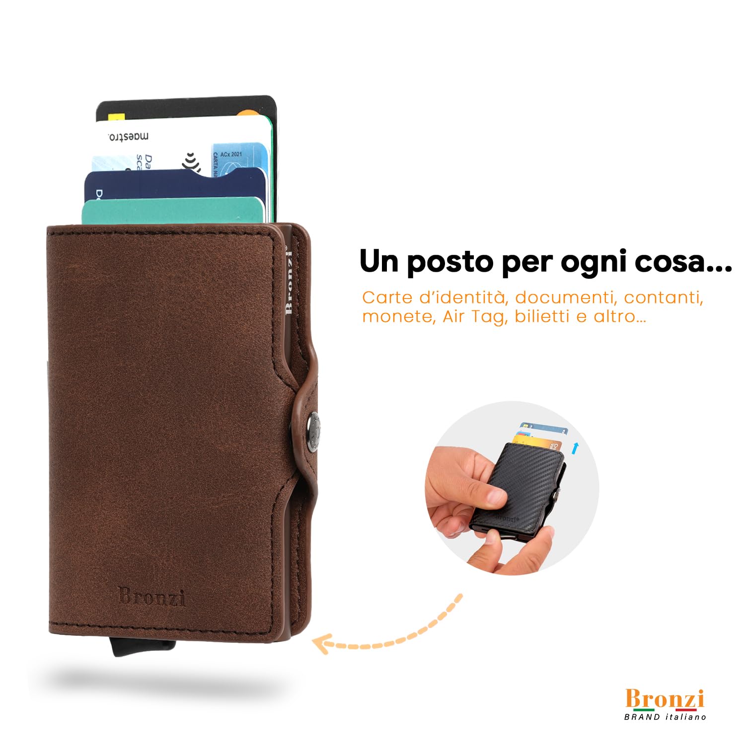 Bronzi Portafoglio Porta Carte Credito - Portafoglio Uomo Slim Portacarte uomo - Mini Porta Tessere - Protezione RFID - Design Smart Italiano Scatola Regalo inculsa (Pelle, Marrone Testa Di Moro)