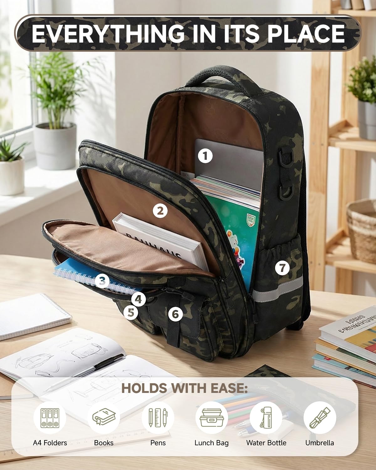 Amythe Cartable Garçon Primaire CE2 CM1 CM2, Camouflage Noir