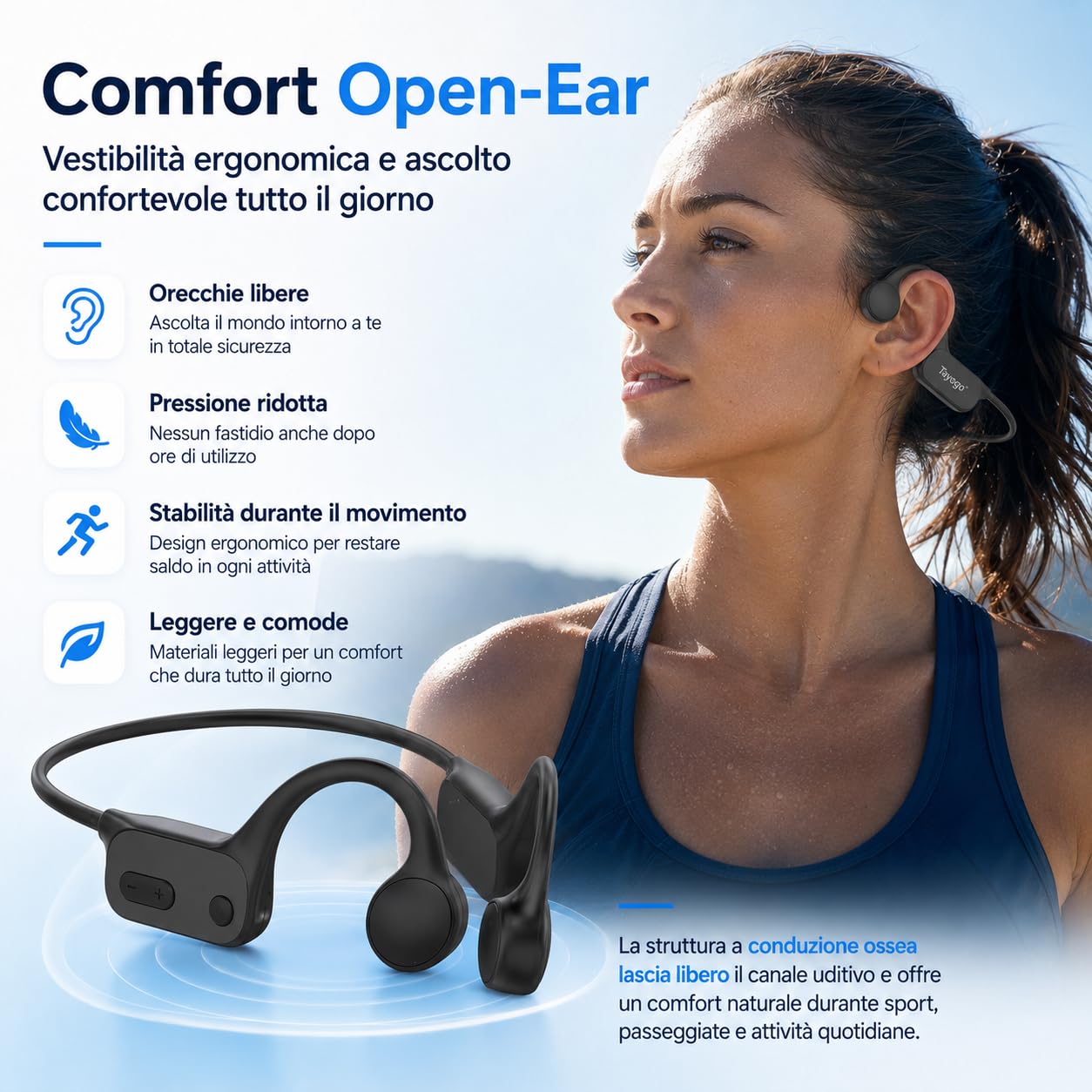 Tayogo Cuffie da Nuoto a Conduzione Ossea IPX8, Lettore MP3 Subacqueo 32GB e Bluetooth 5.4, Cuffie Impermeabili con Microfono per Chiamate, Piscina, Mare, Triathlon, Corsa e Sport, W26
