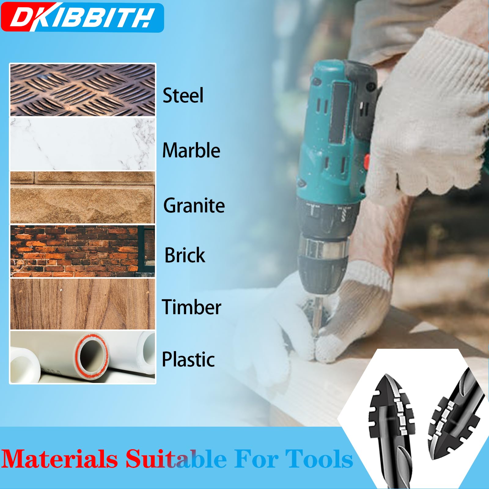 DKIBBITH Set di punte seghettate per muratura a 4 scanalature (10 pezzi, nero), da 3/16" a 1/2" per cemento, piastrelle, mattoni, vetro, ceramica