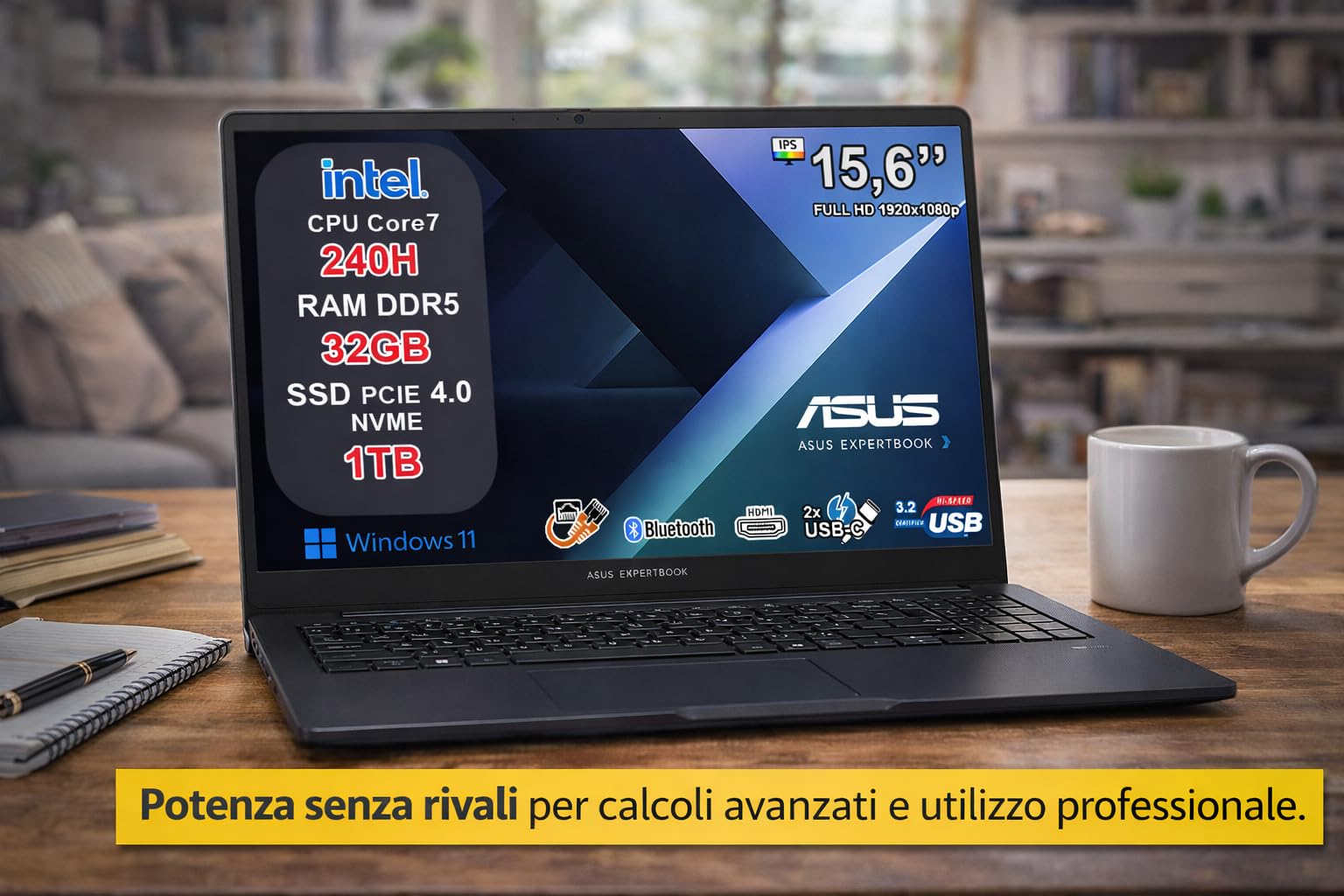 ASUS ExpertBook B1 Notebook, Intel Core 7 240H, 32GB DDR5 RAM, 1TB SSD NVMe, 15.6" Full HD, Windows 11 Pro, Fingerprint, WiFi 6, Tastiera Retroilluminata, Webcam Privacy Shutter, 2 Anni Garanzia.