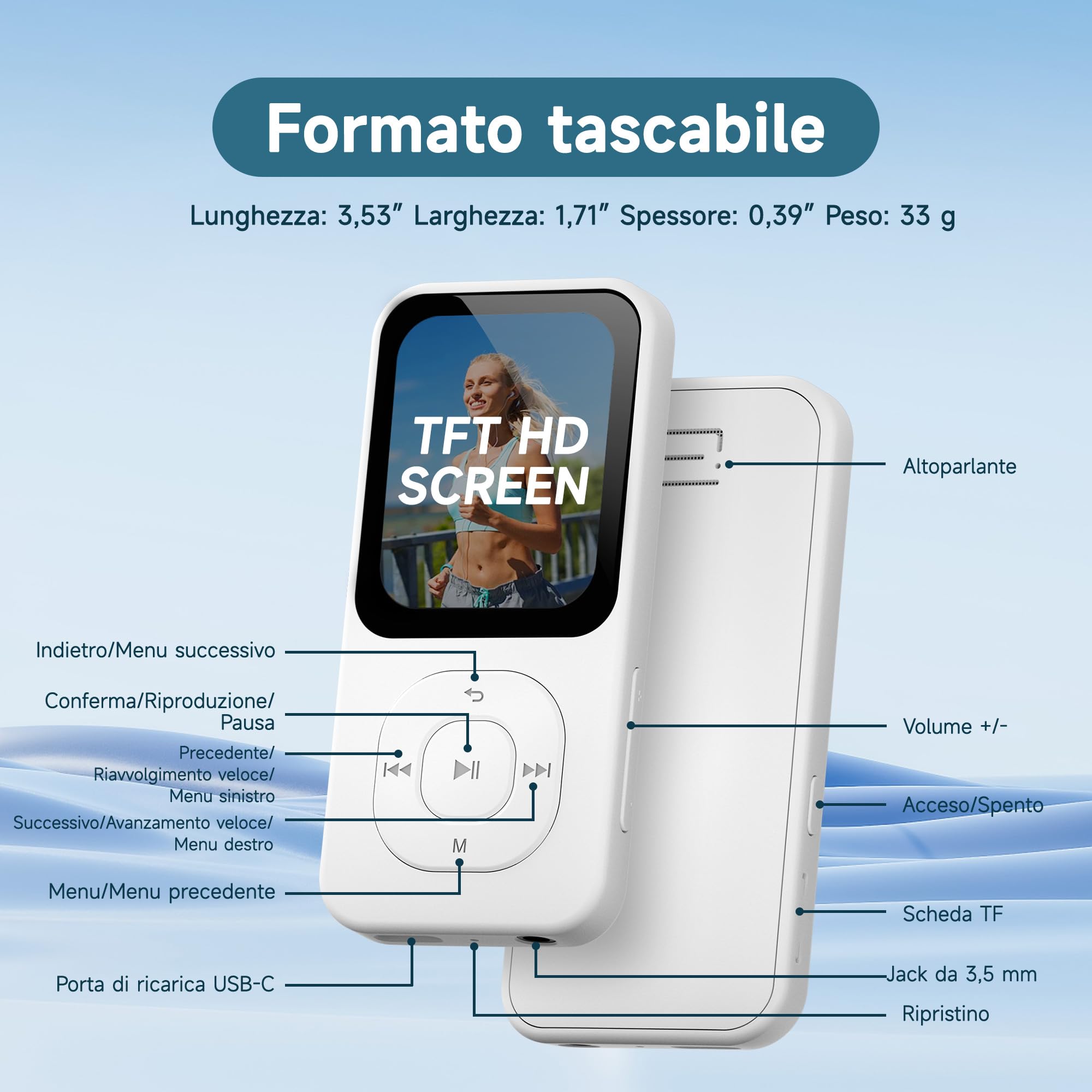 Lettore MP3 da 64GB con Bluetooth 5.3, Lettore musicale PECSU schermo HD con altoparlante, Radio FM, Registratore vocale, Suono HiFi, E-book, Cuffie incluse (Bianco)