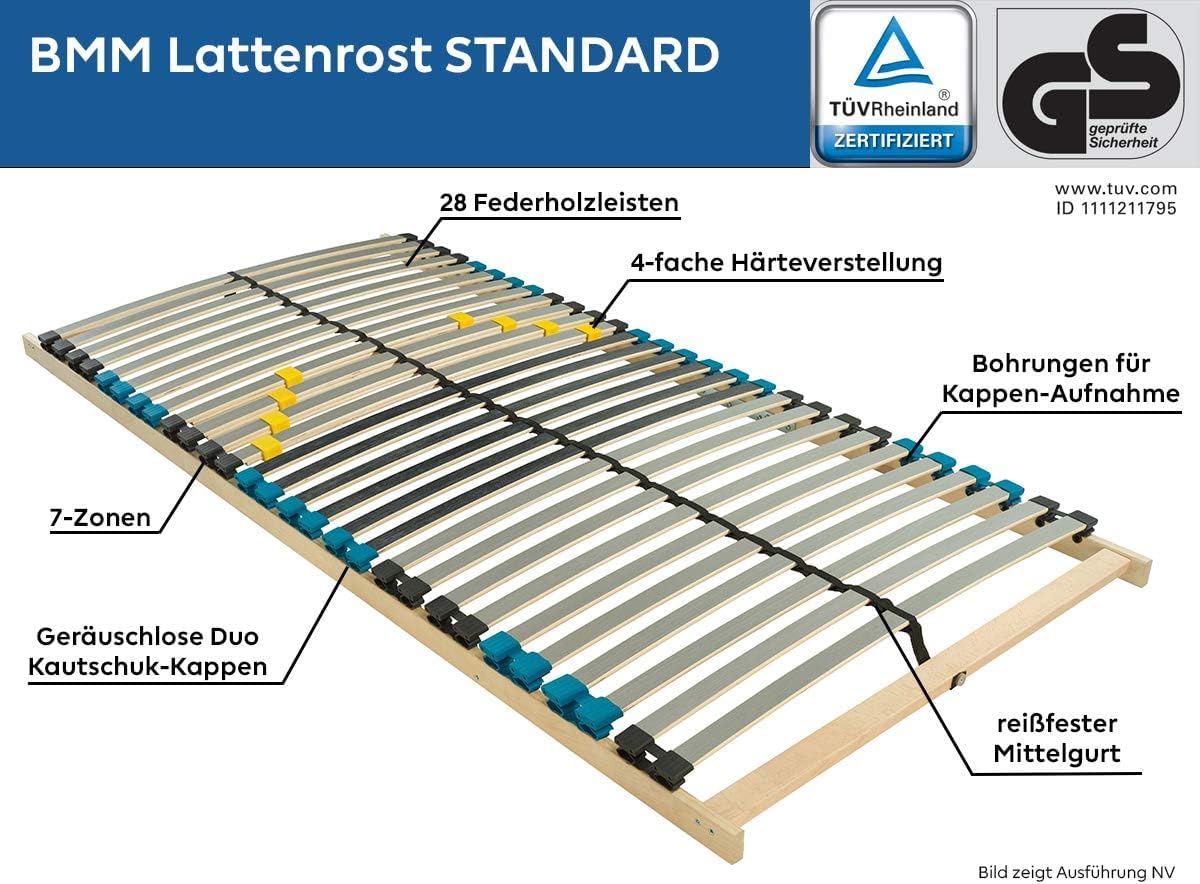 BMM Lattenrost 100x200 cm Standard 28 Leisten/Kopfteilverstellung/TÜV Zertifiziert/7 Zonen/Selbstmontage/für alle Matratzen/Höhe 10 cm/Lattenroste produziert in Deutschland