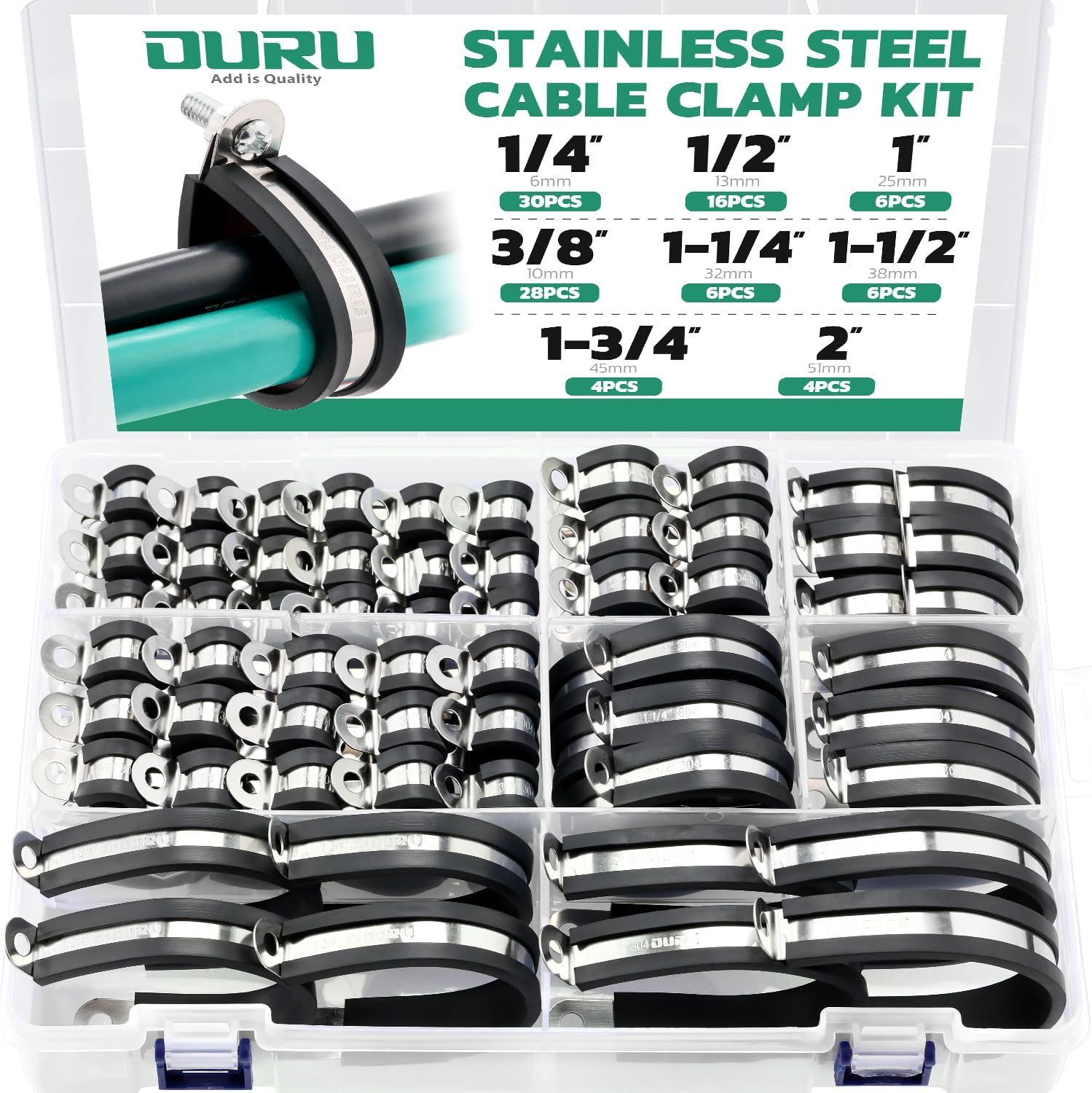OURU 100PCS Cable Clamps Assortment Kit,8 Sizes Stainless Steel Rubber