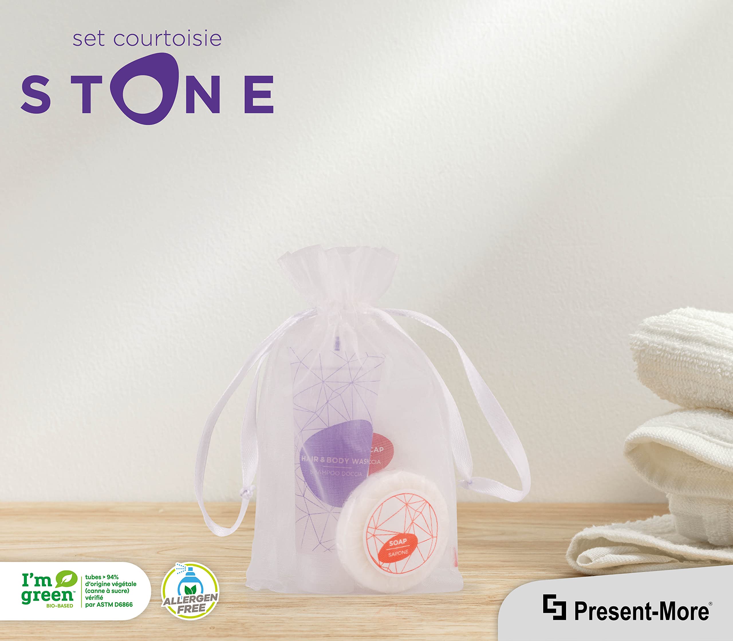 Present-More Amenities Kit Stone - Prestige Kit Toilettenartikel 50 Gäste für Hotels und B&B | Allergenfreie Amenities Kit mit Duftnote Relaxing