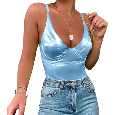 Women's Sexy Deep V Neck Shiny Baby Blue Bodysuit with Underwire