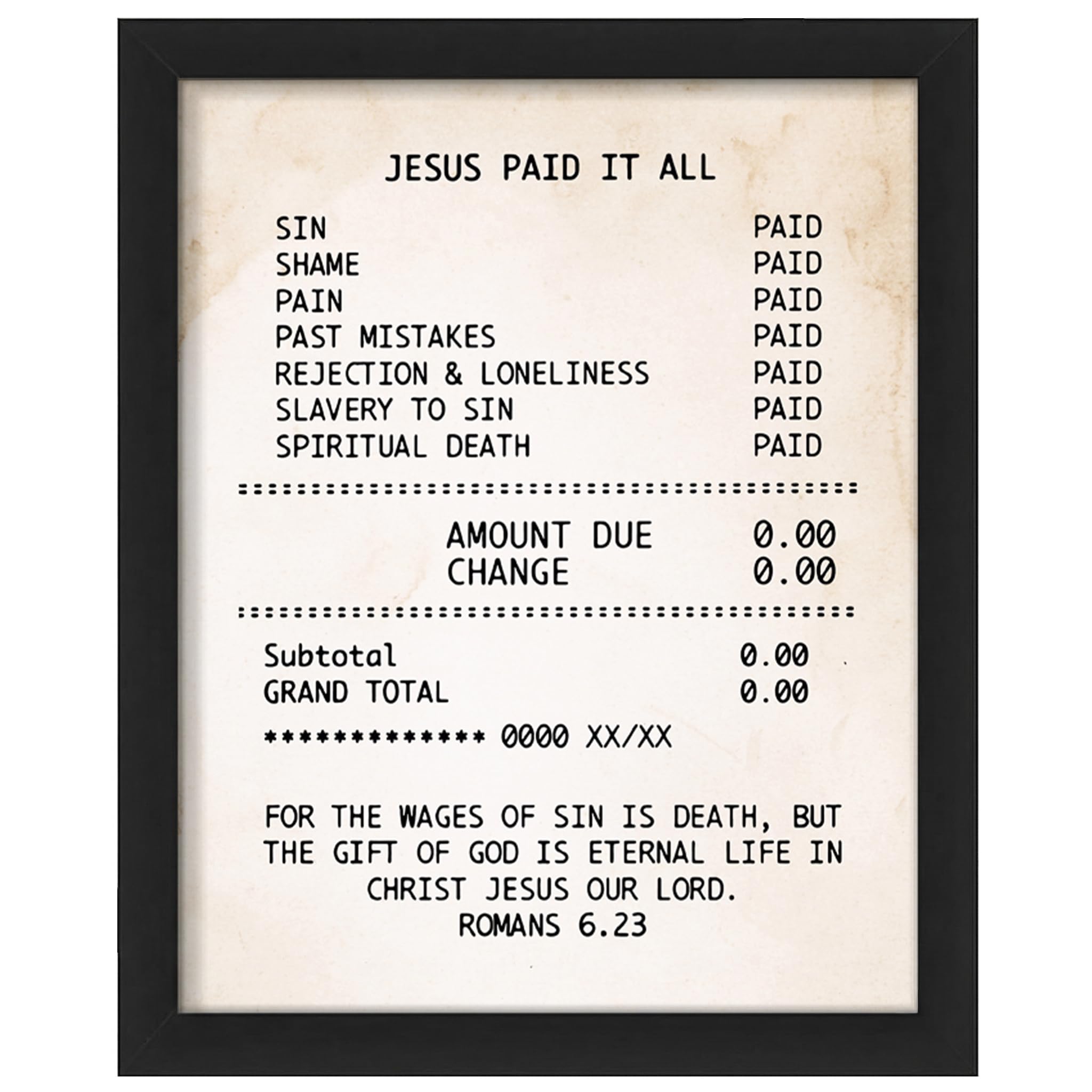 Jesus Paid it All - Christian Wall Art Print, Motivational Receipt Design for Living Room, Office, Bedroom, or Home Decor (Black Framed, 8 x 10 inches