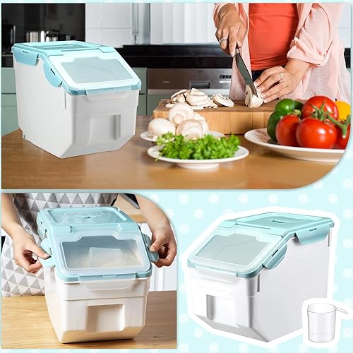 Miniatura 5 de Sunnyray 4 recipientes de almacenamiento de arroz de grano de plástico para arroz, juego de recipientes de alimentos con tapa de bloqueo,