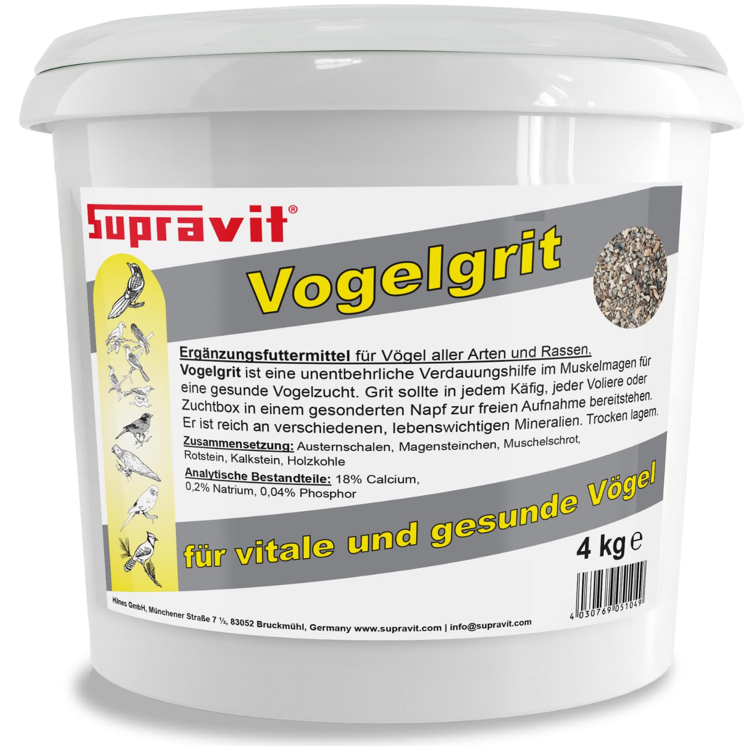 Supravit Vogelgrit 4kg – Grit für Vögel & Geflügel – Mineralgrit mit Calcium für Wellensittiche, Papageien, Nymphensittiche, Tauben & Hühner – Verdauungshilfe & Ergänzungsfutter