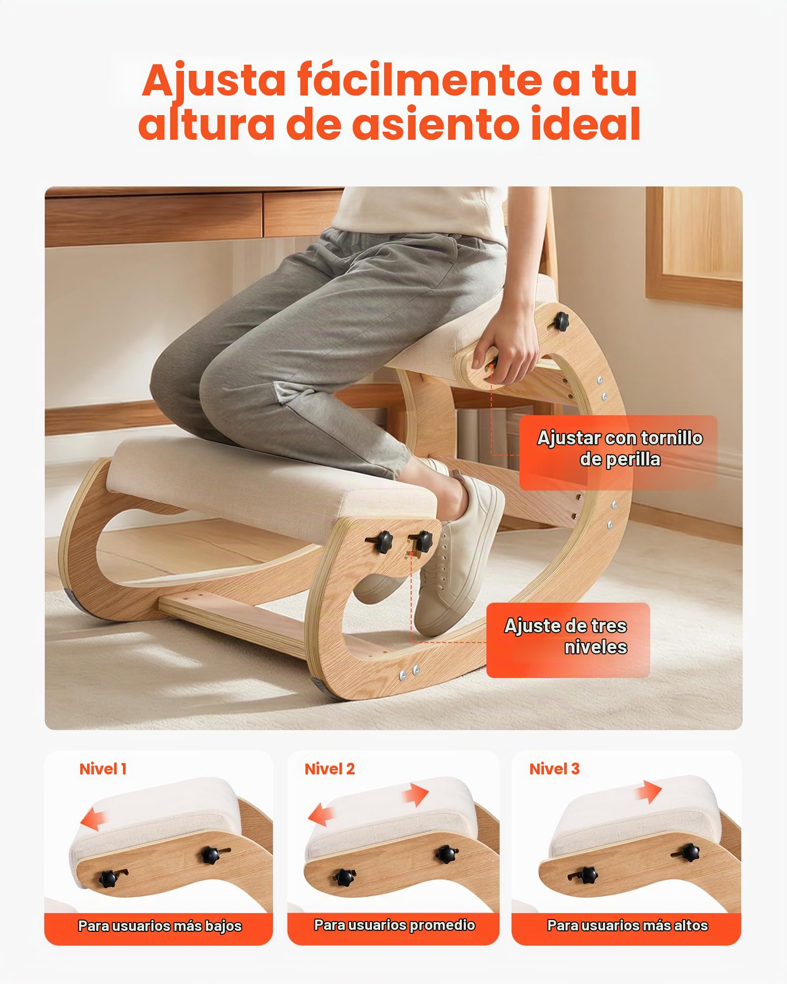 VEVOR Silla Ergonómica de Rodillas con Estructura de Madera, Cojines de Espuma Gruesa Ajustables Beiges, Taburete para Rodillas Carga de 120 kg, Relajación de Cuello y Espalda para Hogar, Oficina