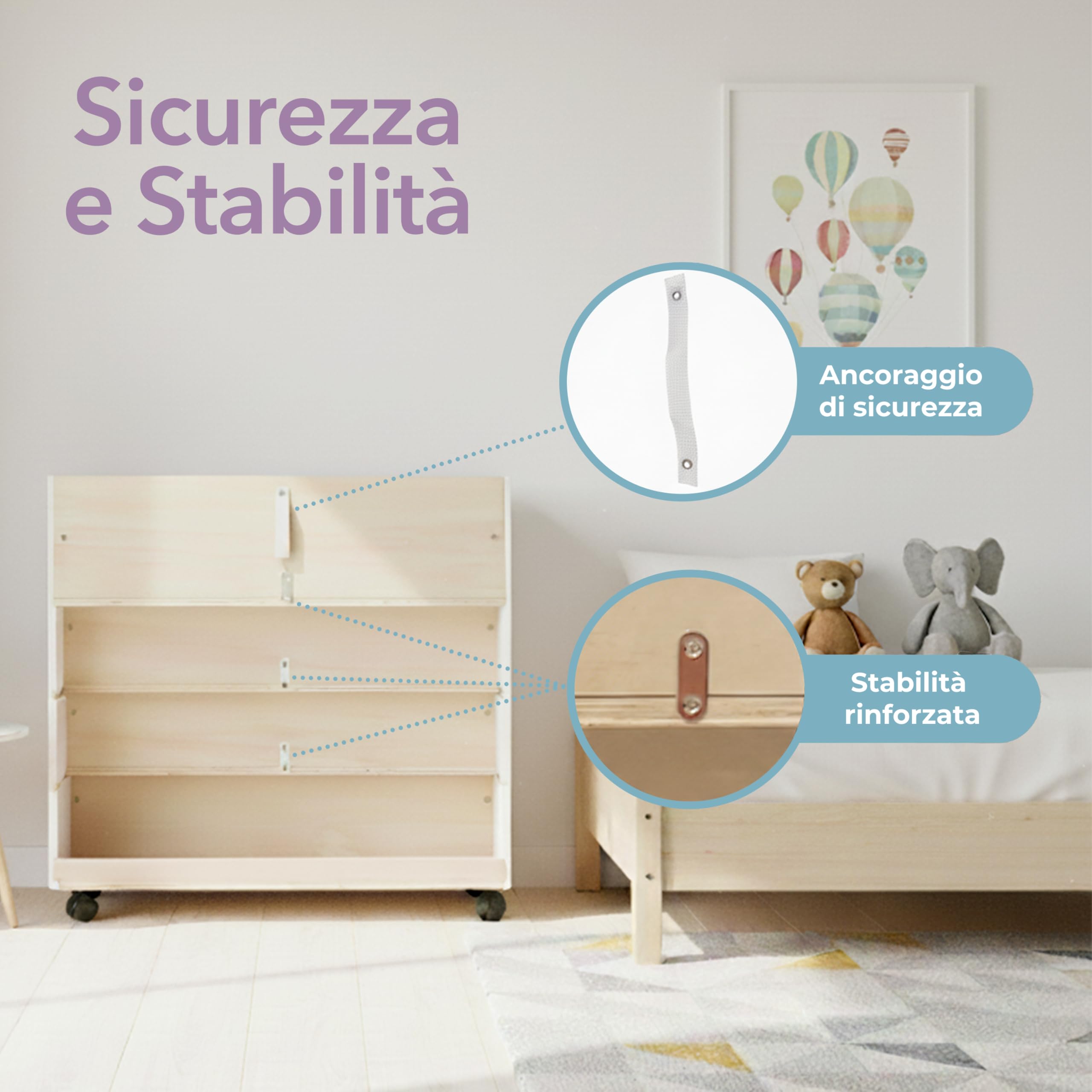 Libreria Montessoriana per Bambini,in Legno spessore 1.5 cm, 4 Ripiani Frontali e Vano Posteriore, Ruote Opzionali, 72x67x35 cm