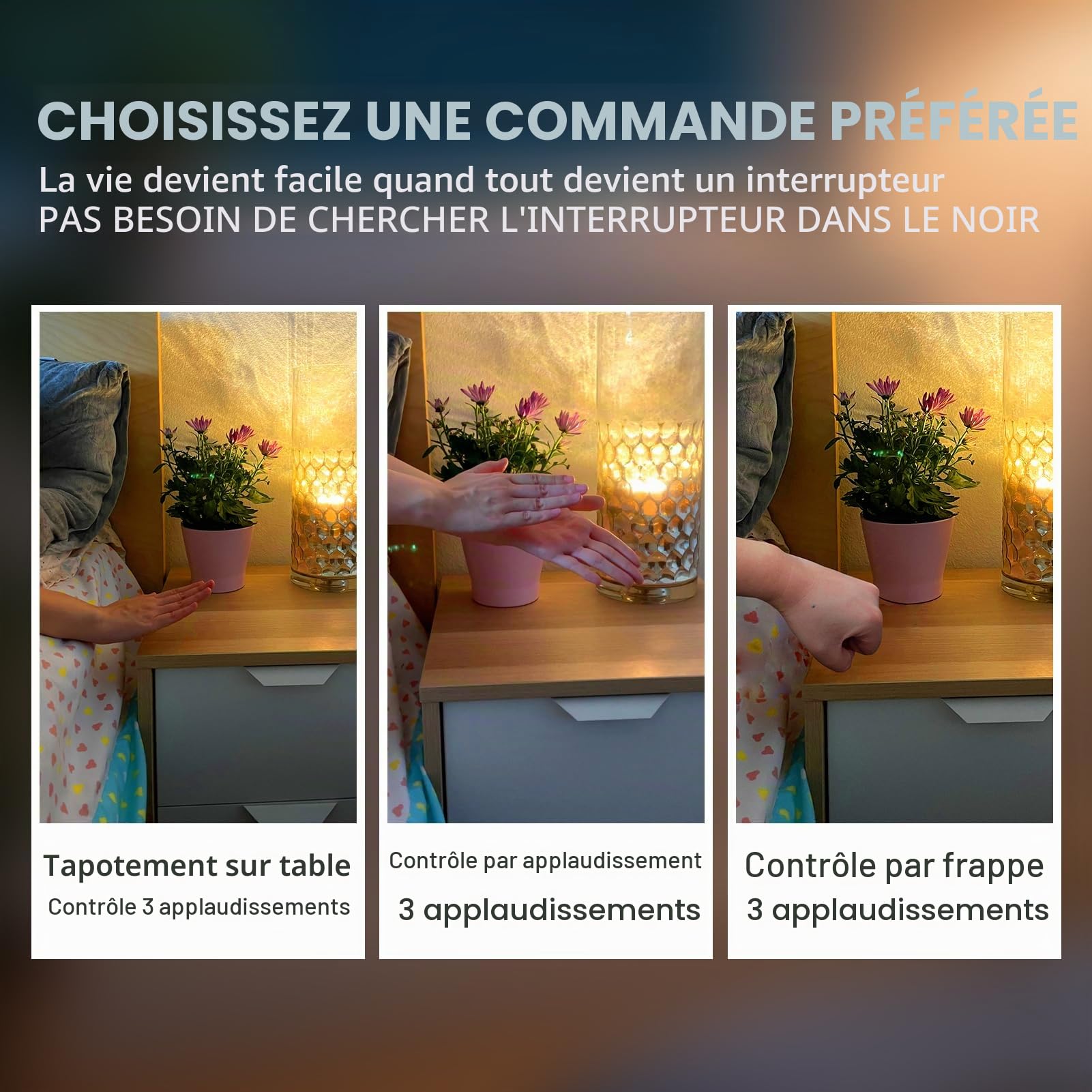 Ampoule de contrôle de la lumière à 3 claps pour lampe de table de chambre à coucher, solution marche/arrêt activée par le son, détection de claquement, maison intelligente, vu à la télévision, blanc