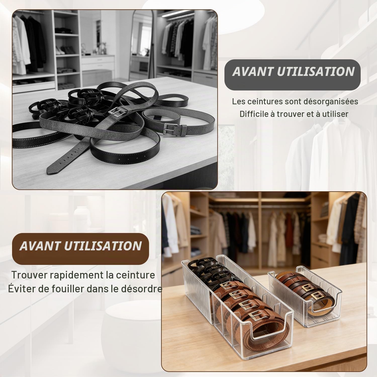 Range Ceinture, Organiseur de Ceinture en Acrylique Rétractable, Présentoir de Ceintures avec 6 Compartiments pour Montres Cravates Bijoux et Accessoires, Séparateurs Modulables